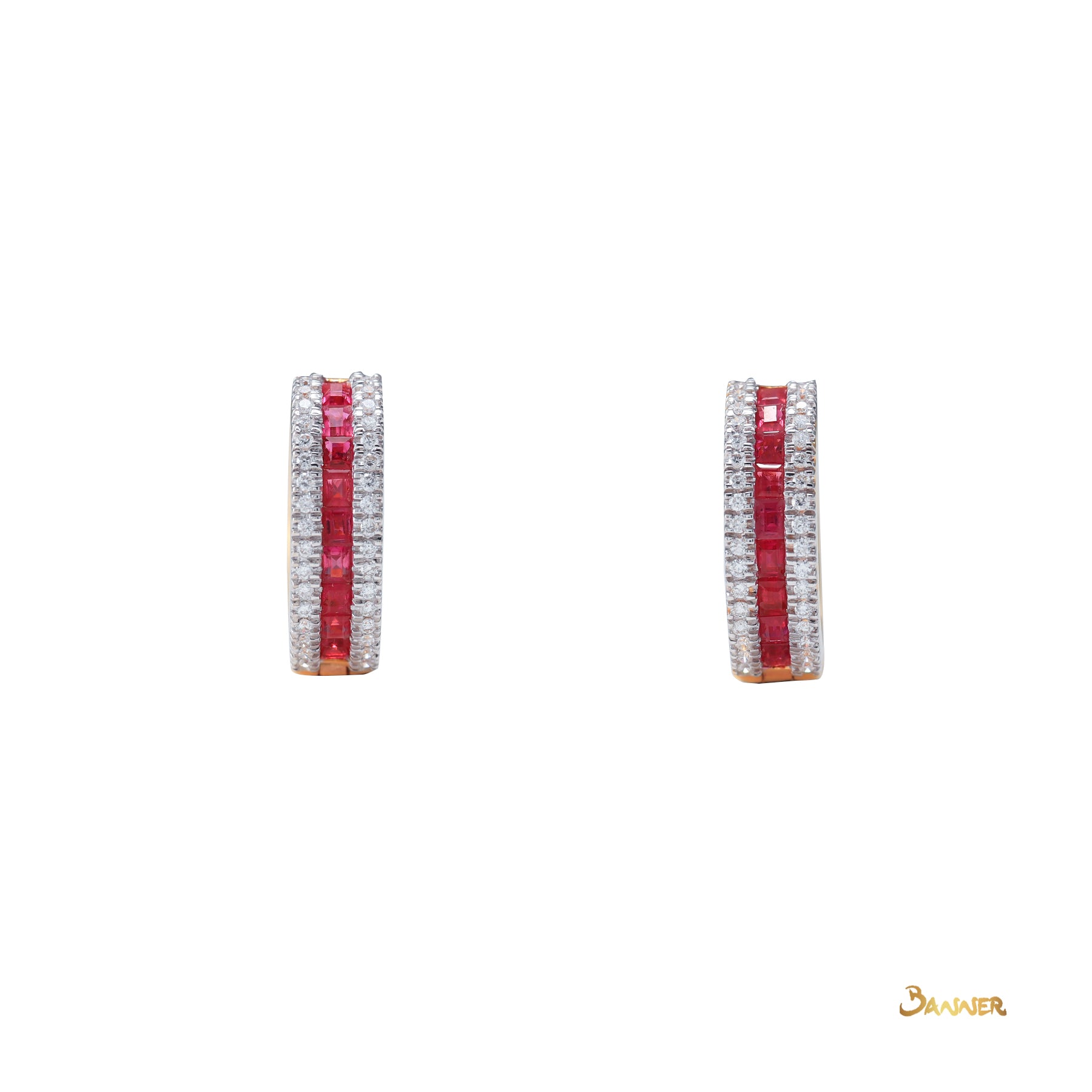 Baguette Ruby and Diamond Huggie Earrings