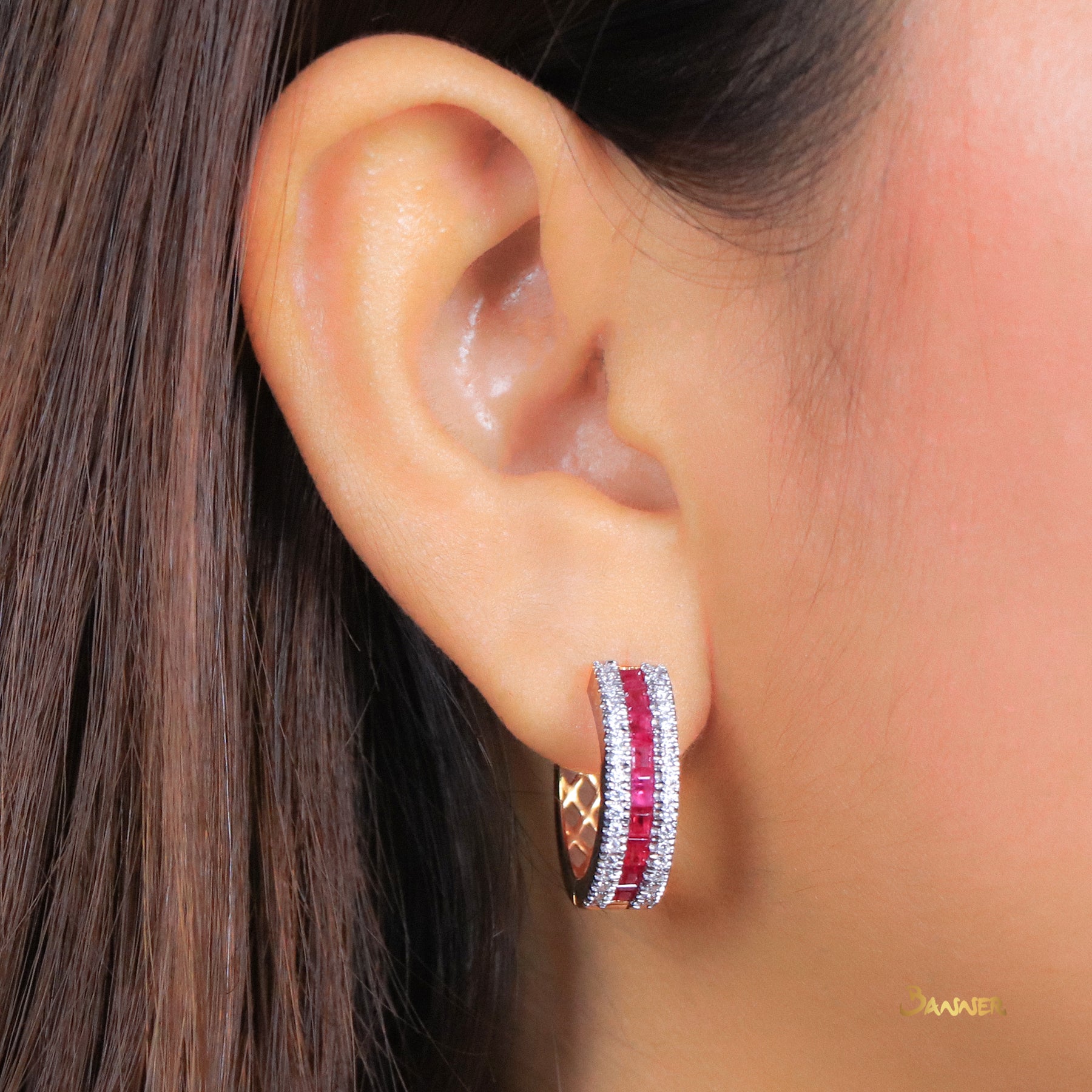 Baguette Ruby and Diamond Huggie Earrings