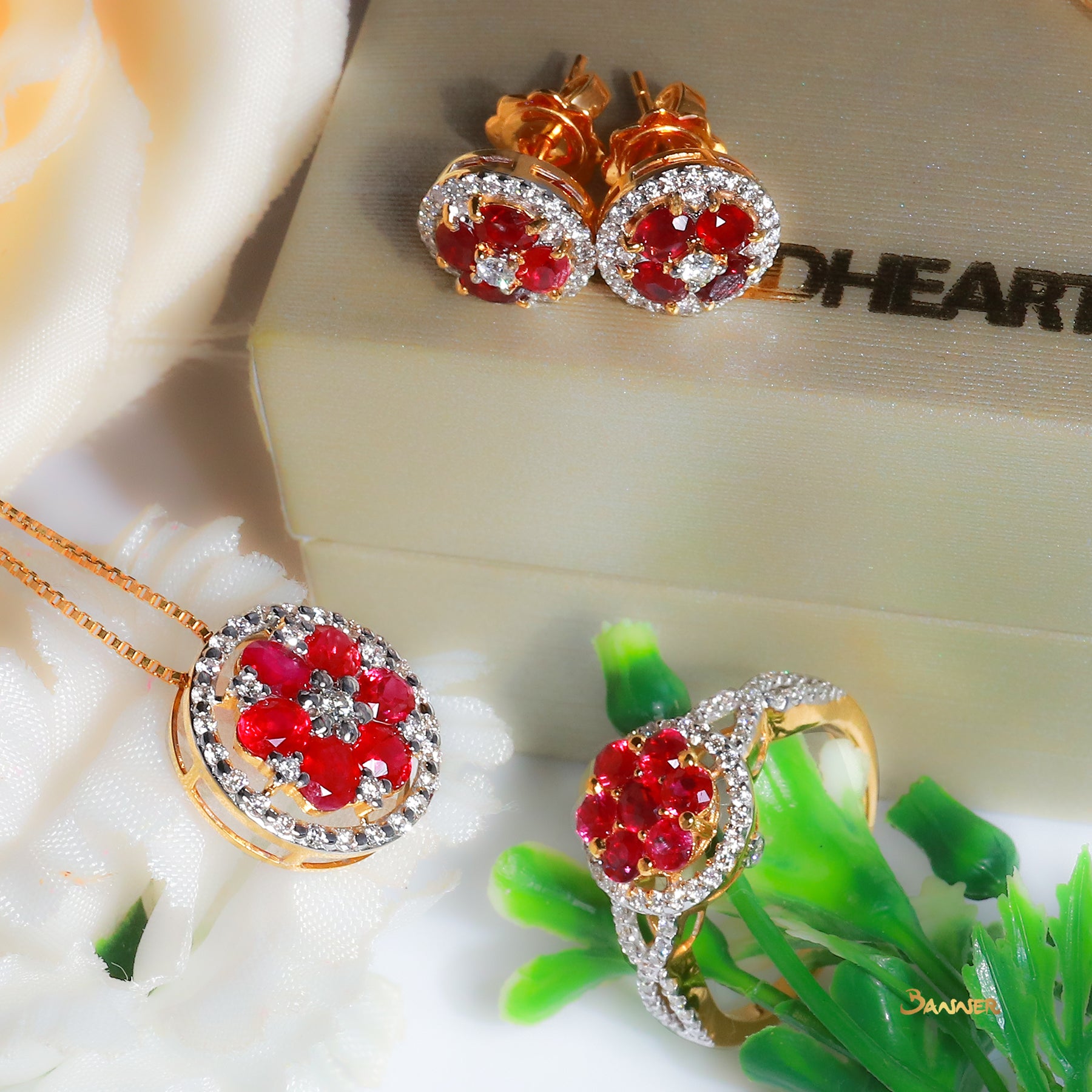 Ruby and Diamond Floral Earrings