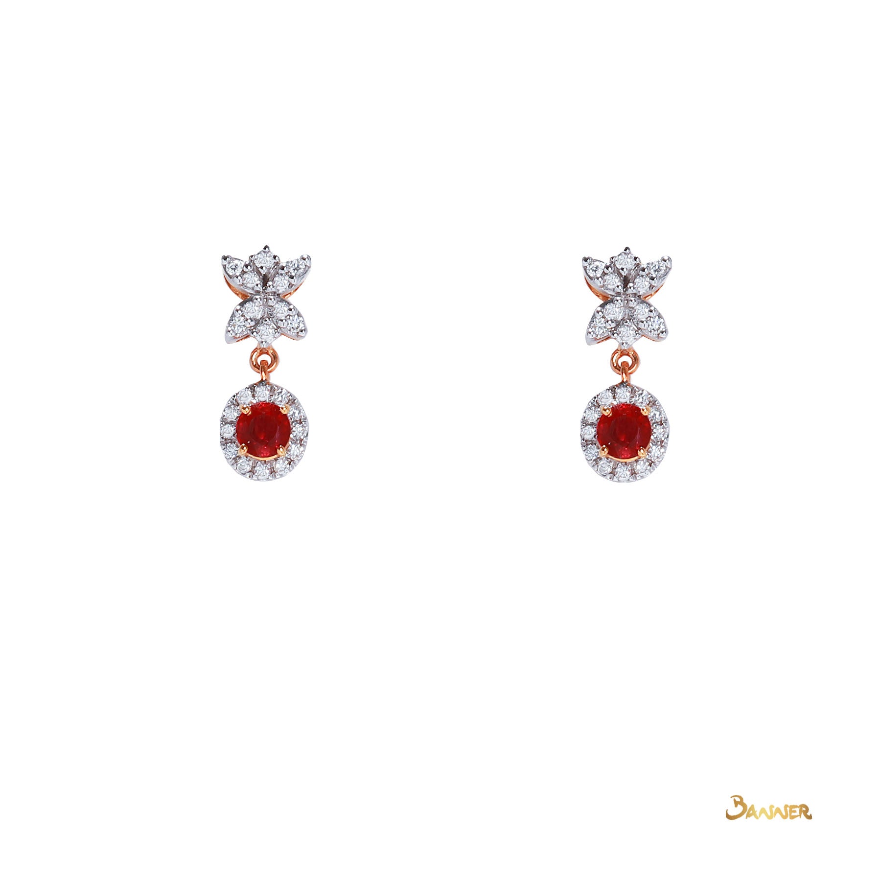 Ruby and Diamond Dangle Halo Earrings