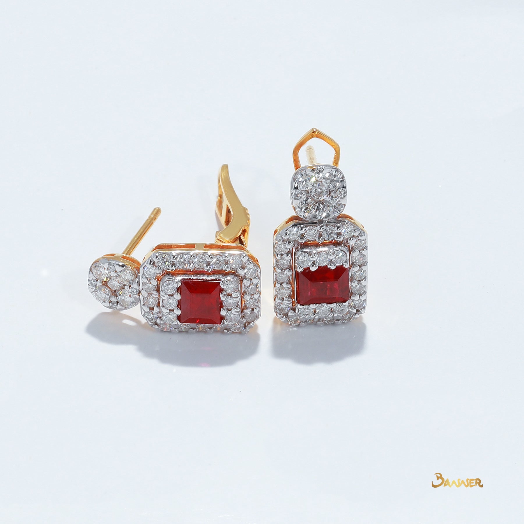 Emerald-cut Ruby and Diamond Halo Earrings