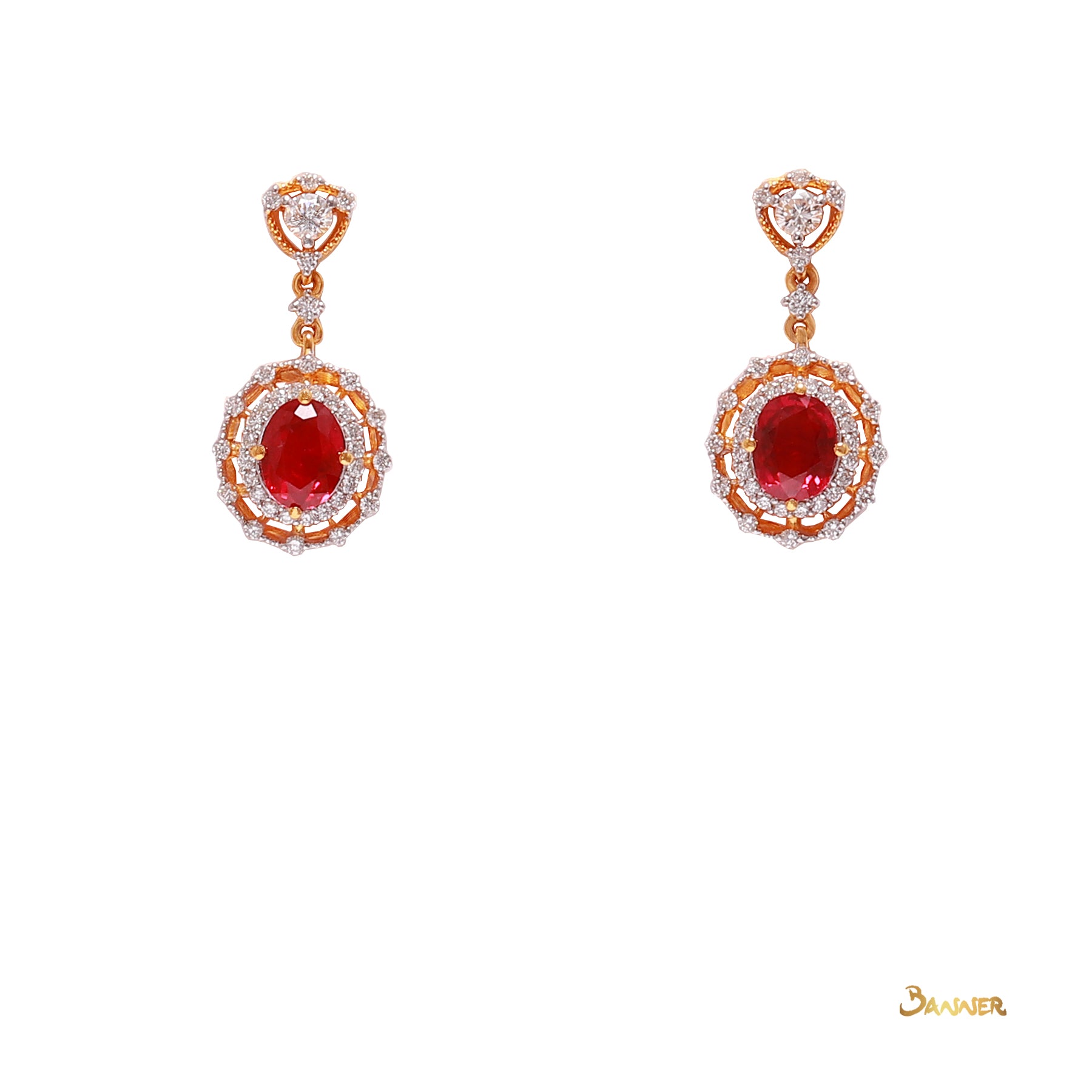 Ruby and Diamond Double Halo Dangle Earrings