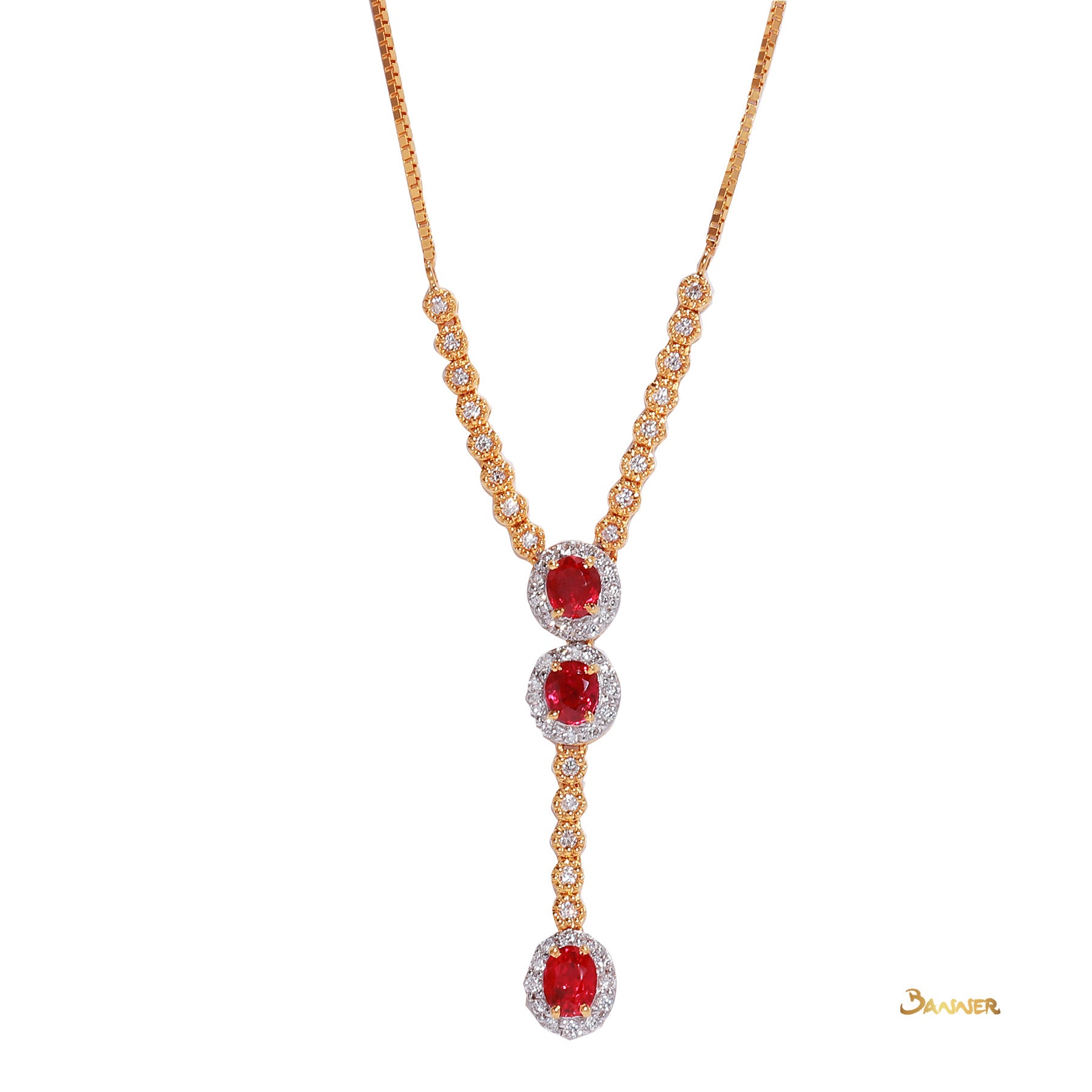 Ruby and Diamond 3-step Halo Necklace