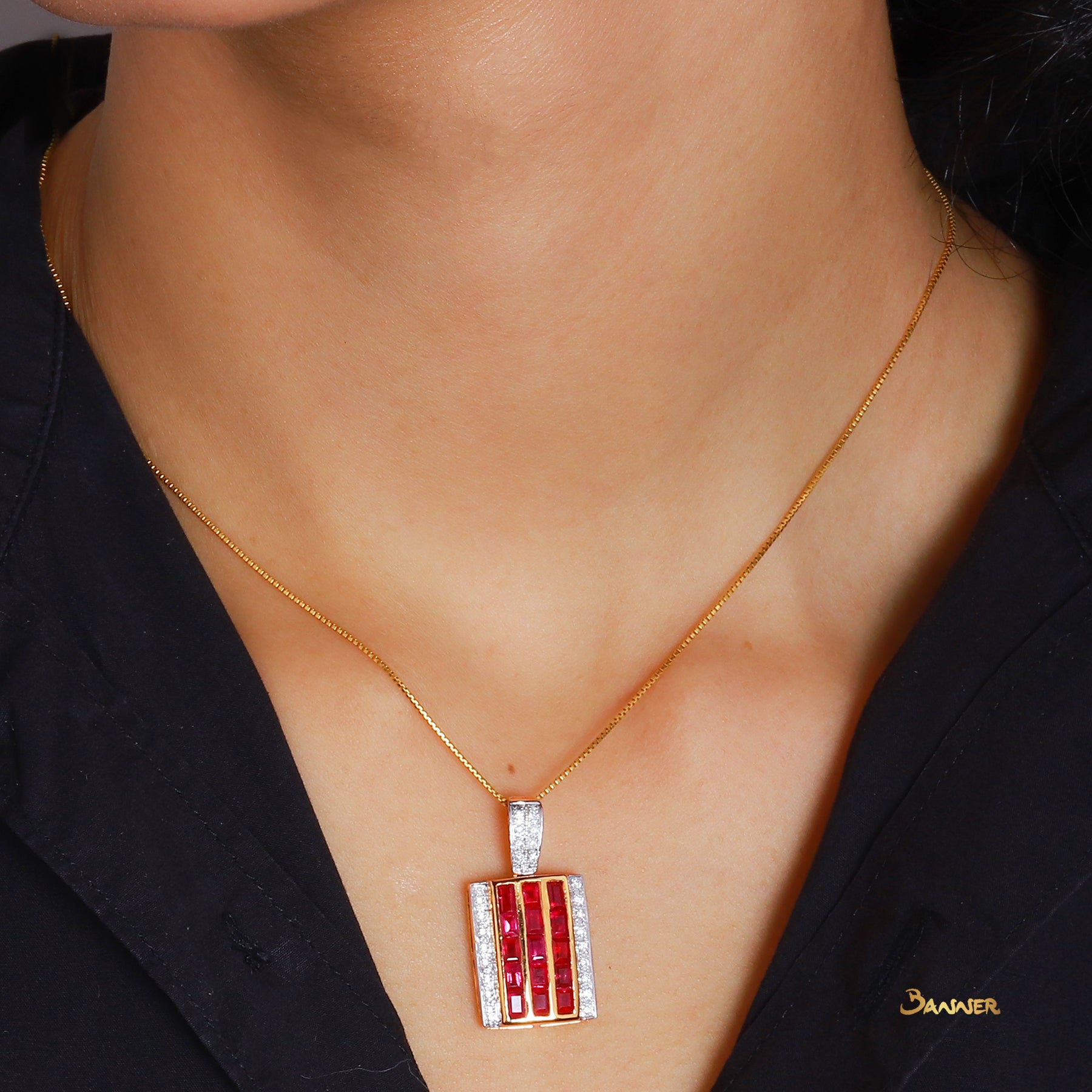 Emerald-cut Ruby and Diamond Pendant