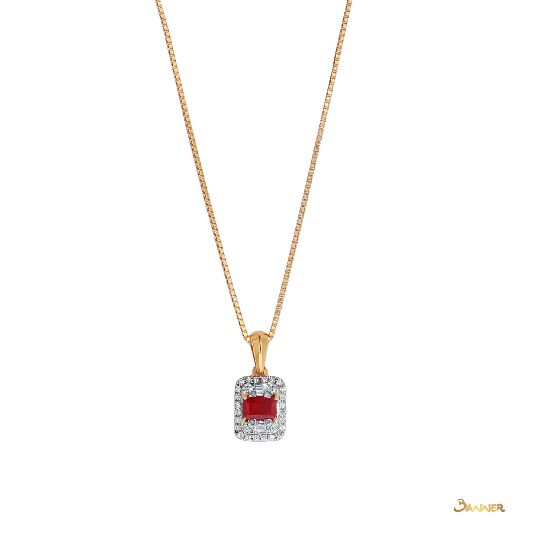 Emerald-cut Ruby and Diamond Halo Pendant