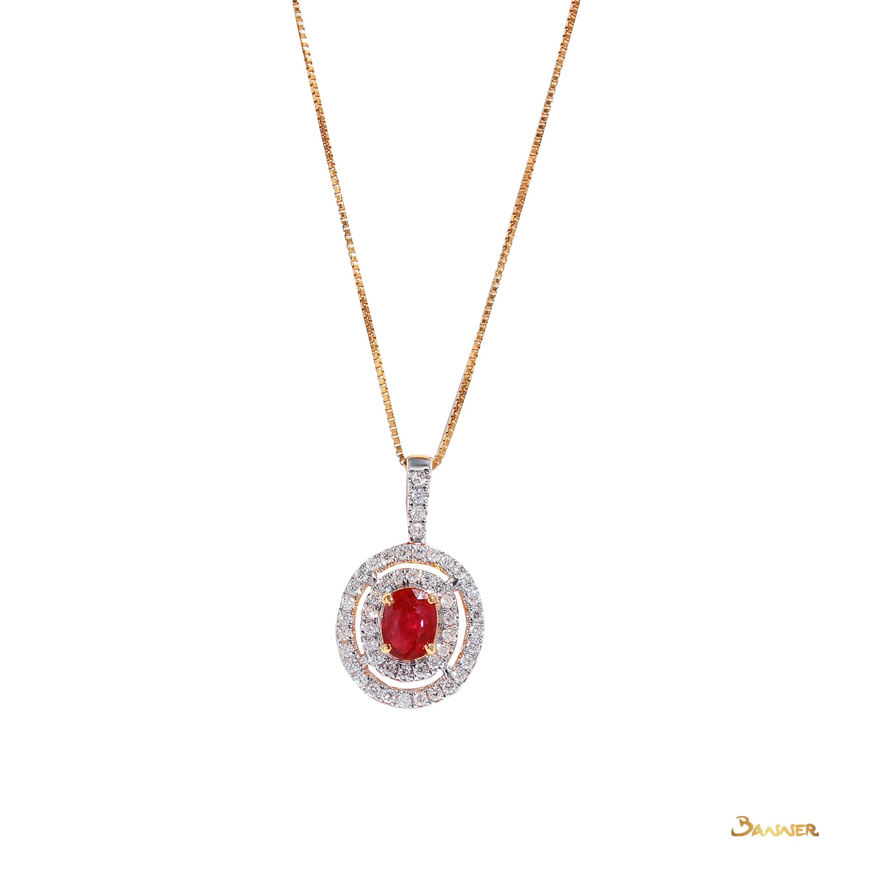 Ruby and Diamond Double Halo Pendant