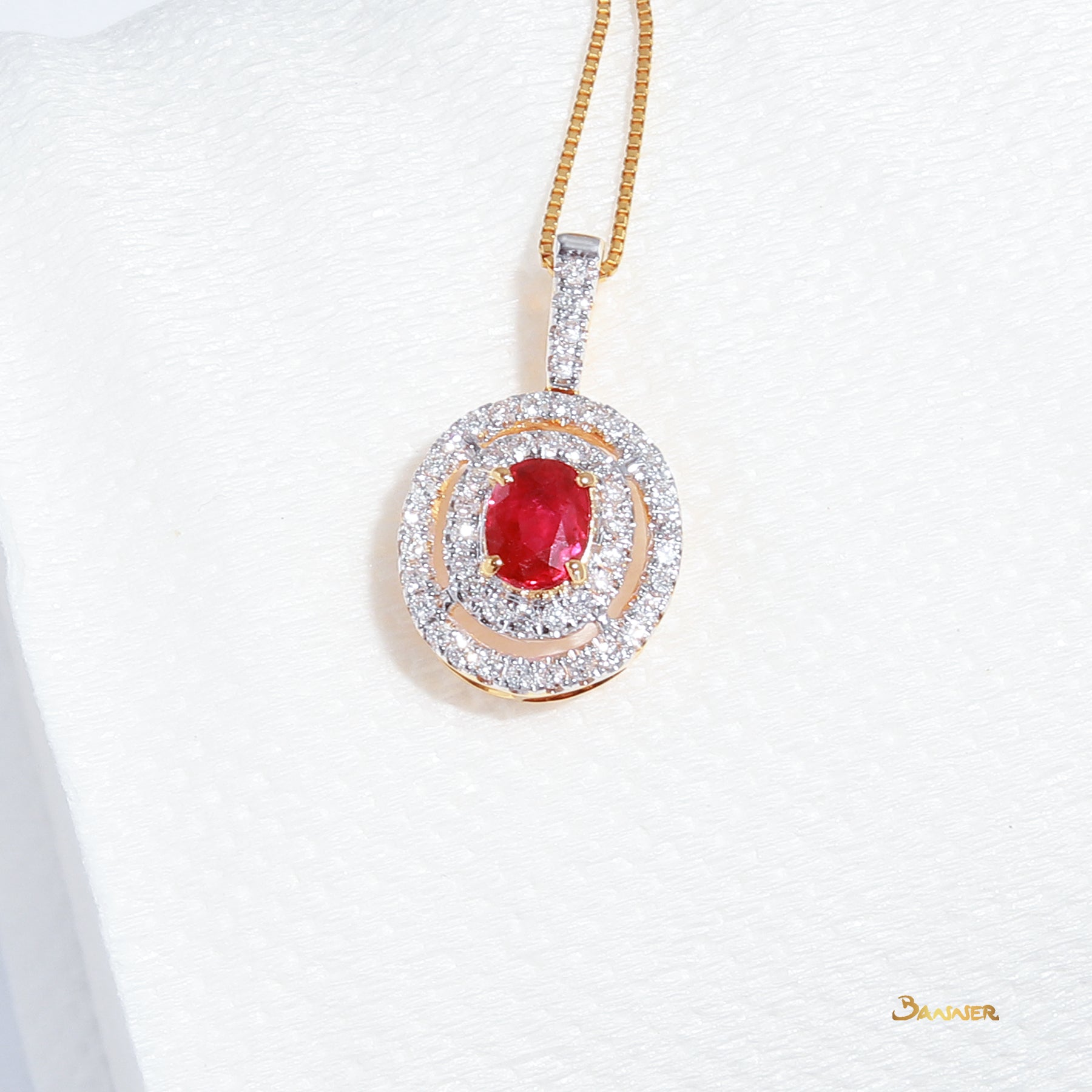 Ruby and Diamond Double Halo Pendant