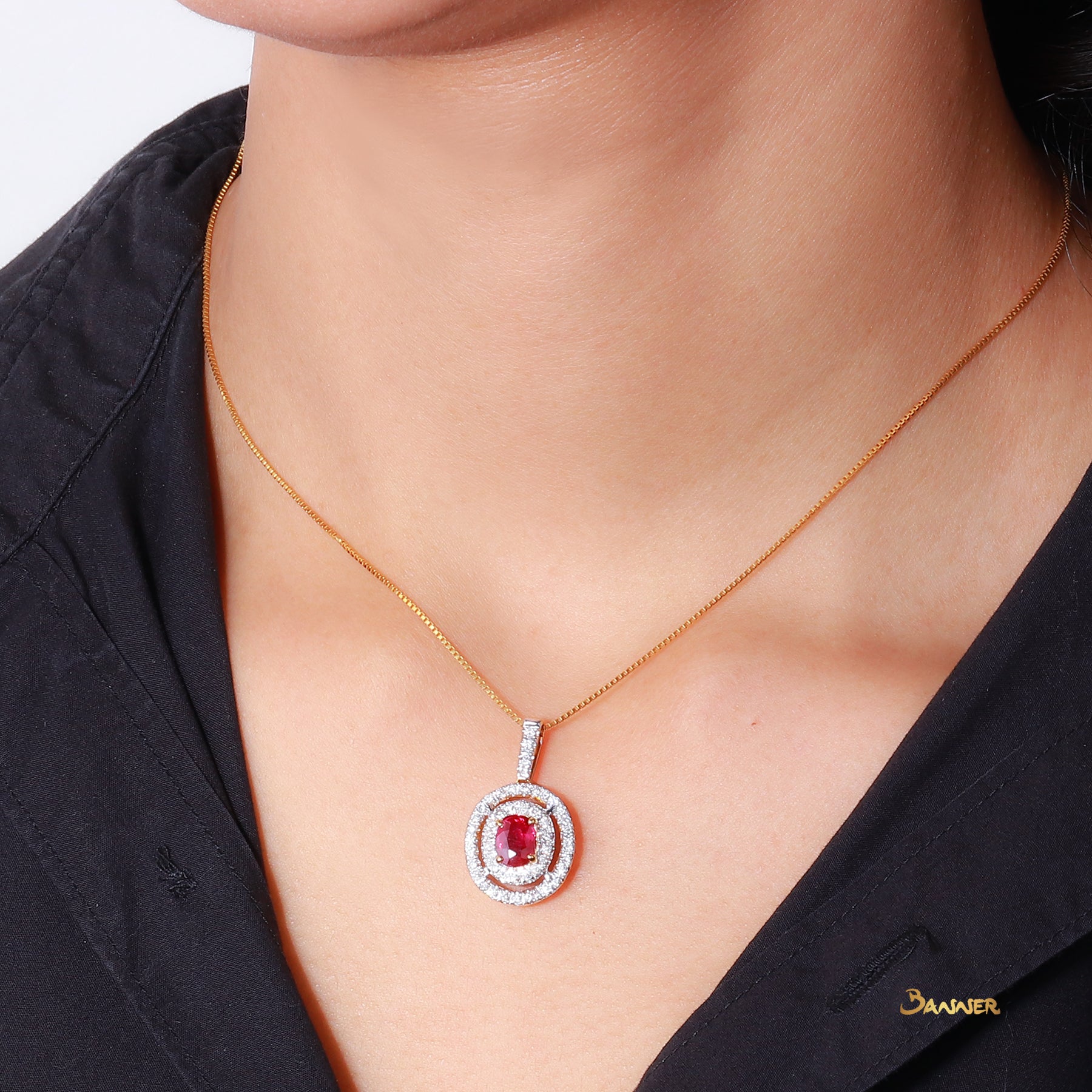 Ruby and Diamond Double Halo Pendant