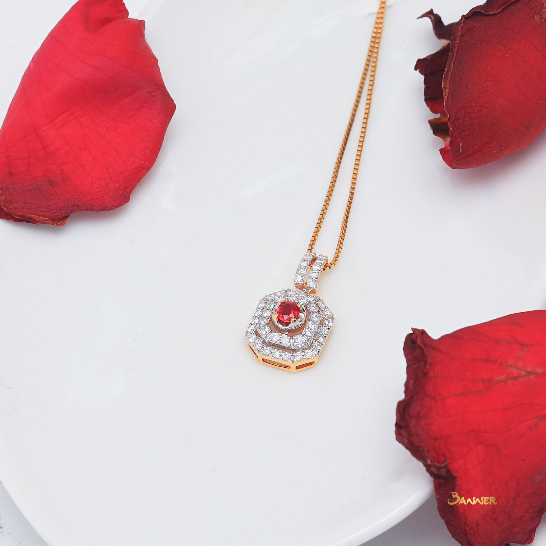 Ruby and Diamond Double Halo Pendant