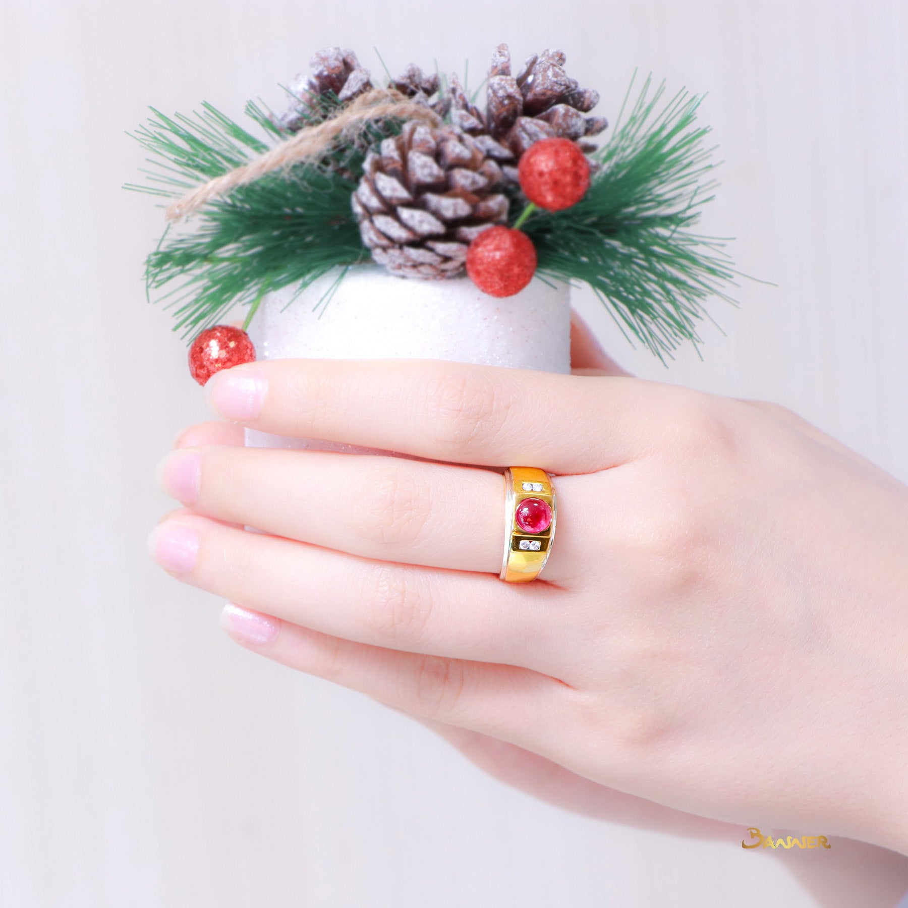 Ruby Cabochon and Diamond Men's Ring