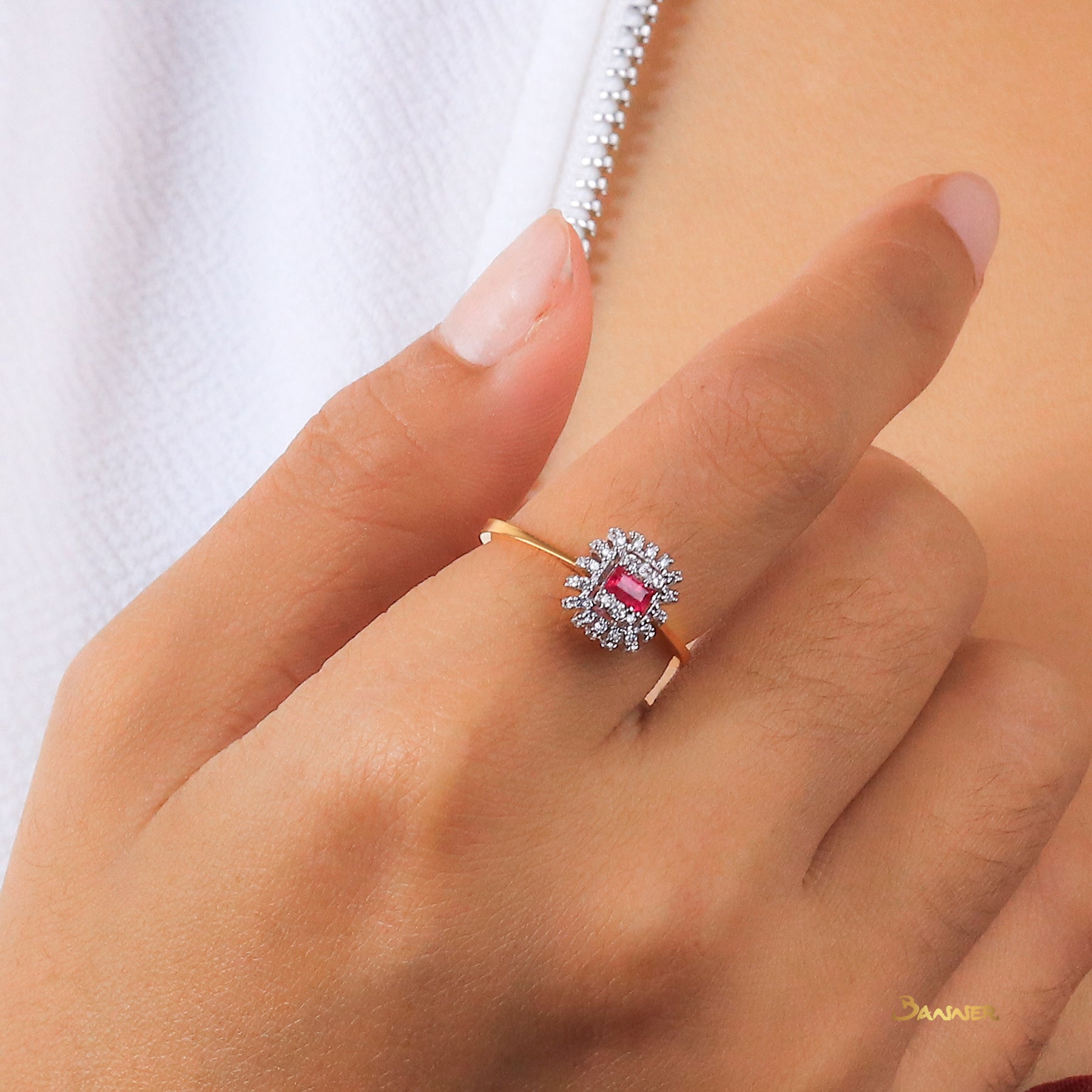 Emerald cut Ruby and Diamond Ring