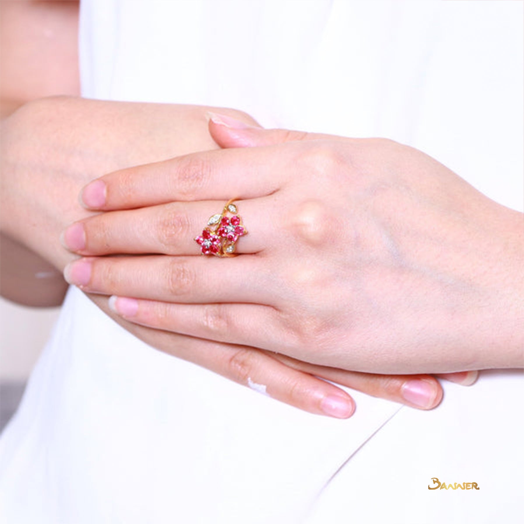 Ruby and Diamond Flower Ring