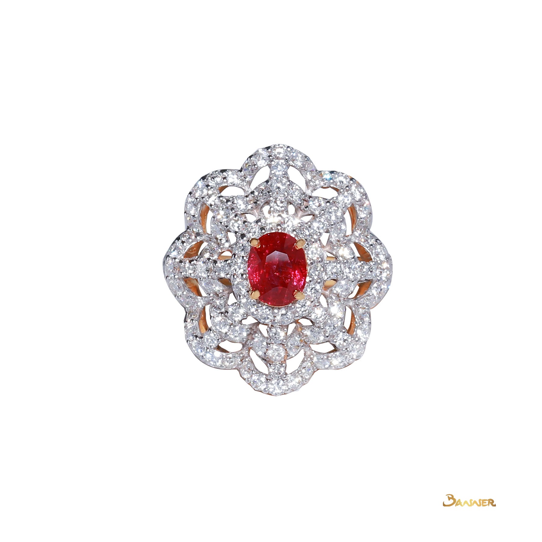 Natural Mogok Ruby and Diamond Floral Ring