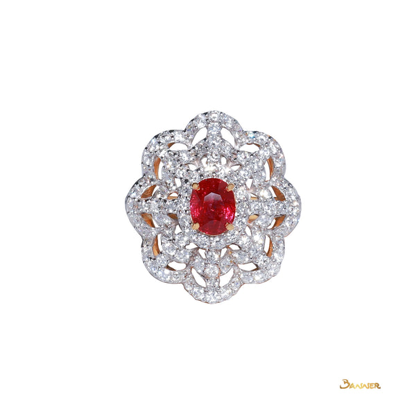 Natural Mogok Ruby and Diamond Floral Ring