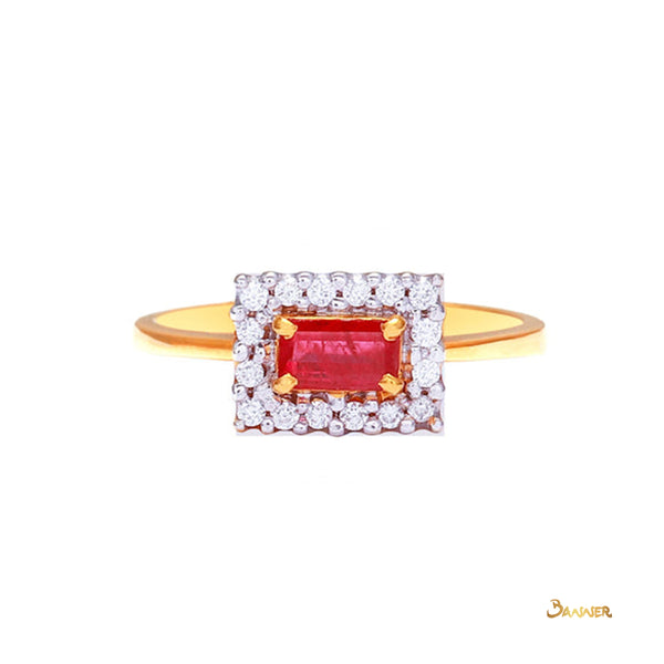 Emerald-cut Ruby and Diamond Halo Ring