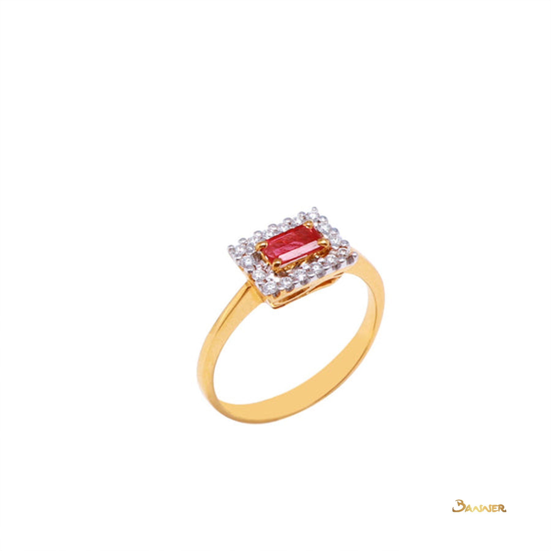 Emerald-cut Ruby and Diamond Halo Ring