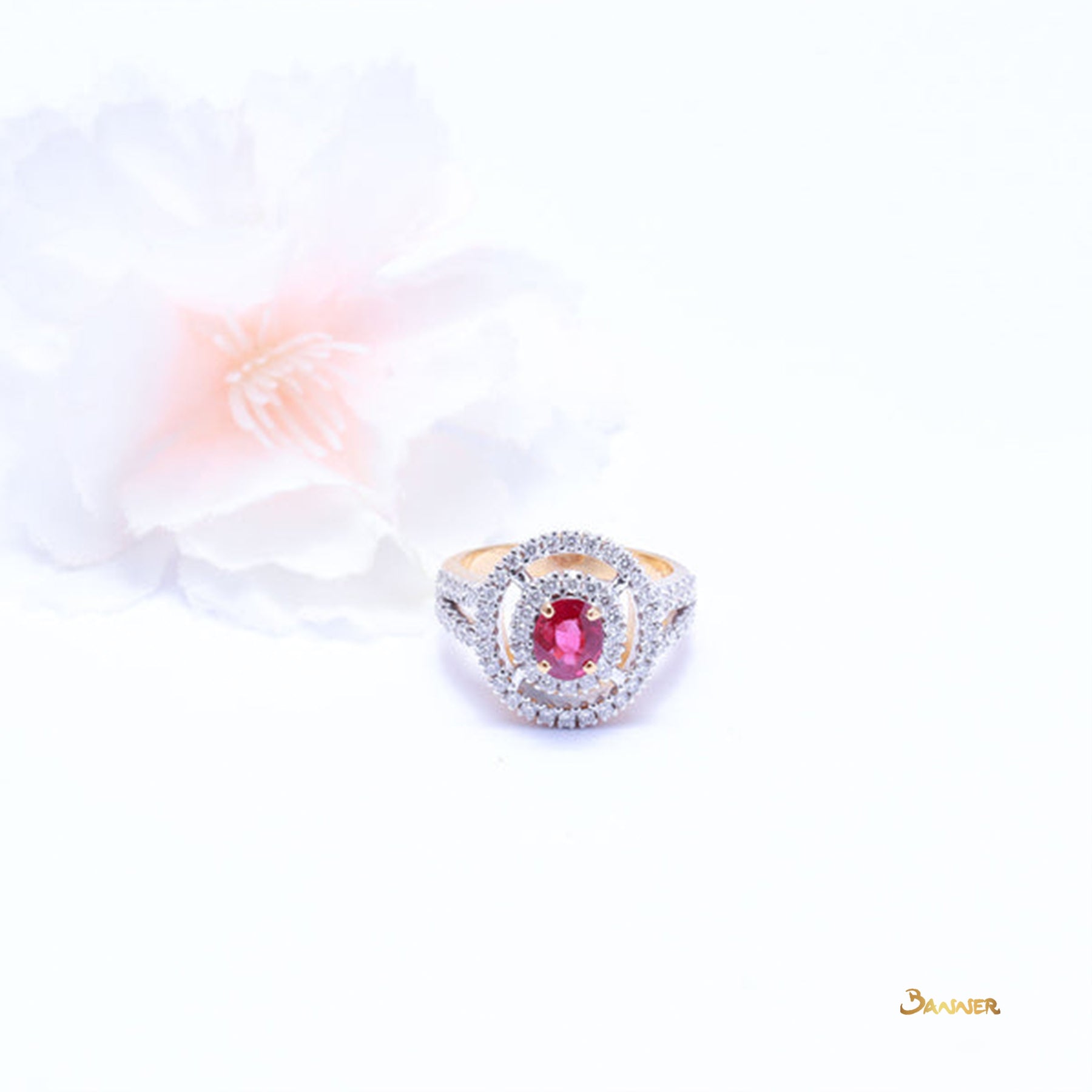 Ruby and Diamond Double Halo Ring