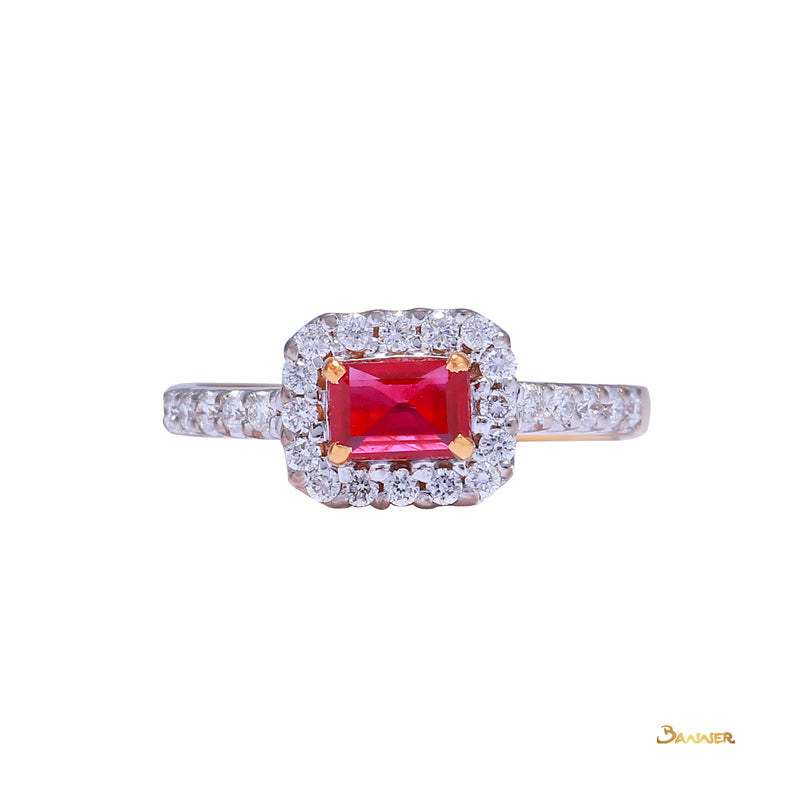 Emerald-cut Ruby and Diamond 2-Step Halo Ring