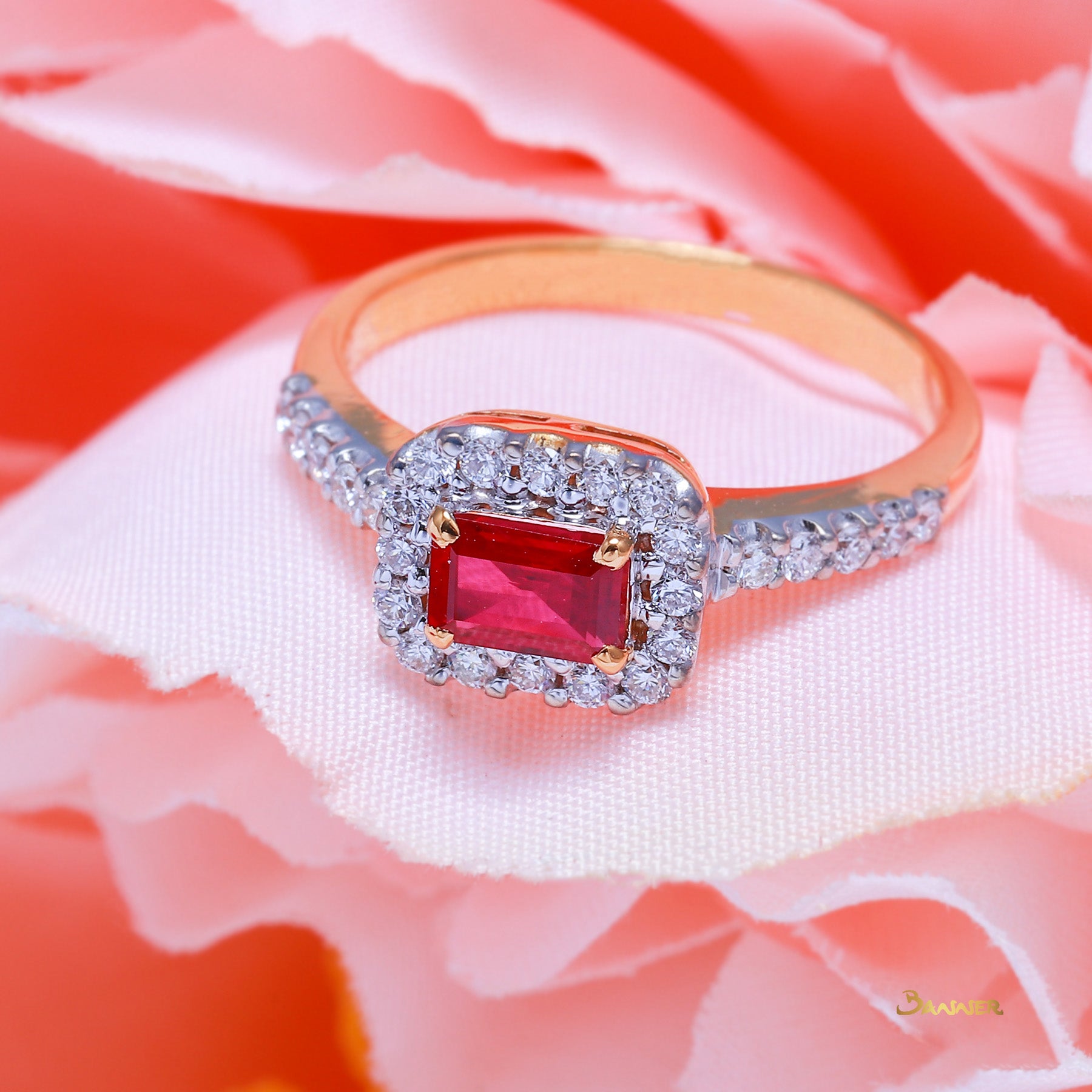 Emerald-cut Ruby and Diamond 2-Step Halo Ring