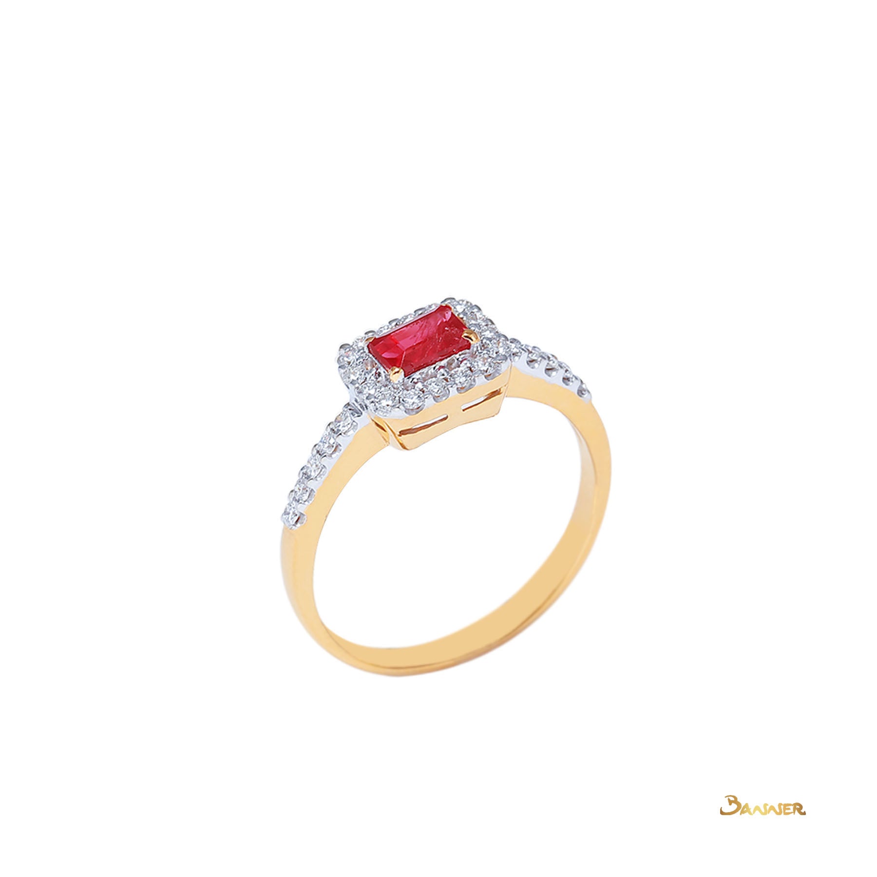 Emerald-cut Ruby and Diamond 2-Step Halo Ring