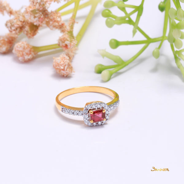 Emerald-cut Ruby and Diamond 2-Step Halo Ring