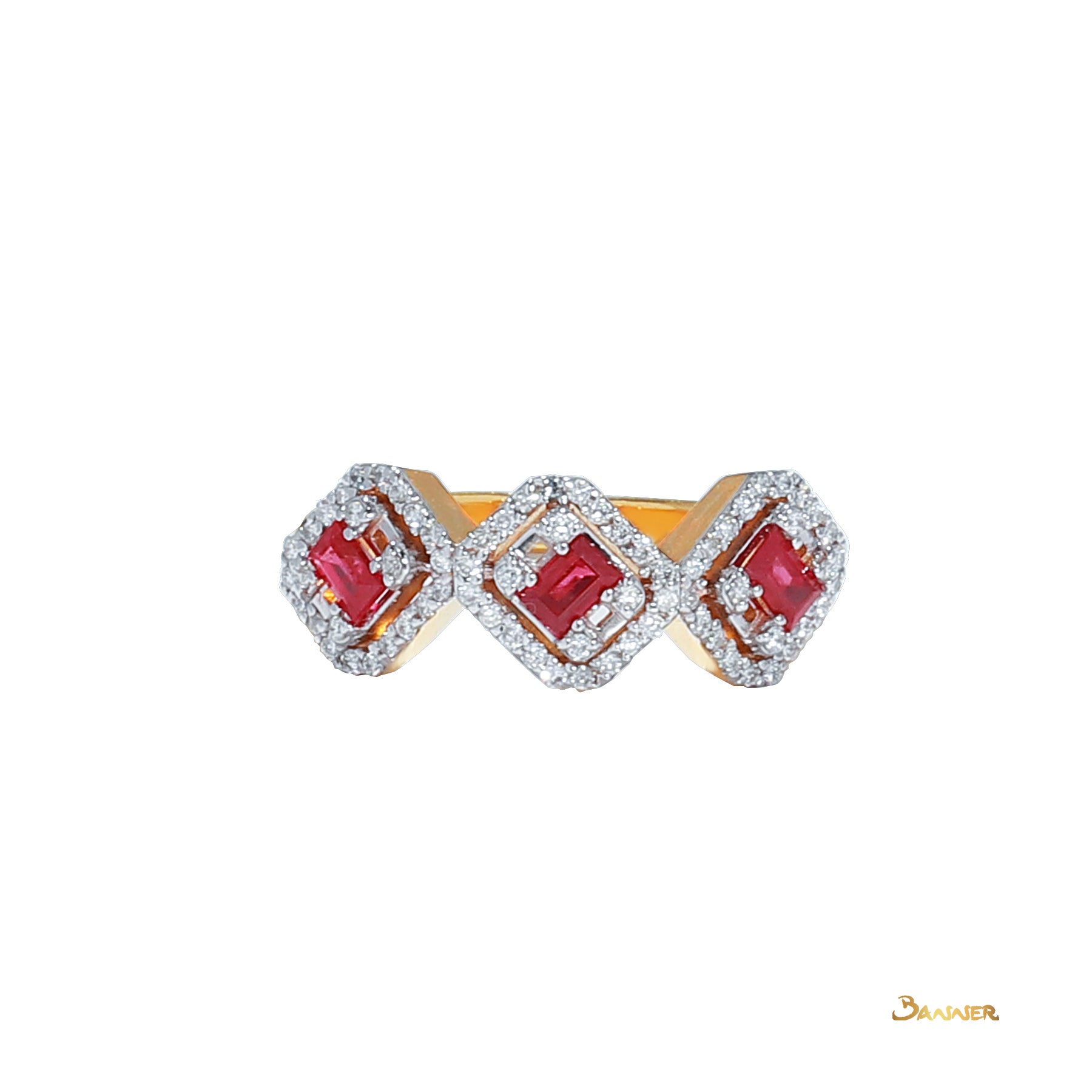 Emerald-cut 3 Rubies and Diamond Halo Ring