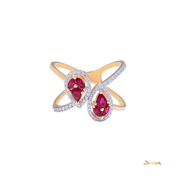 Pear Shape Ruby and Diamond Double Halo Ring