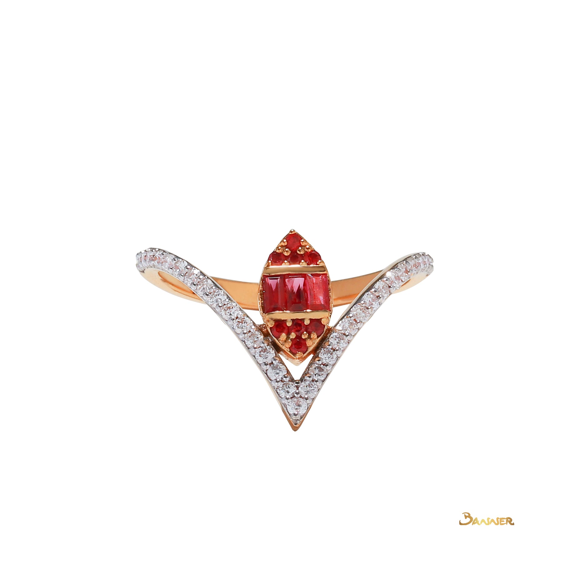 Emerald cut Ruby and Diamond V Shape Ring