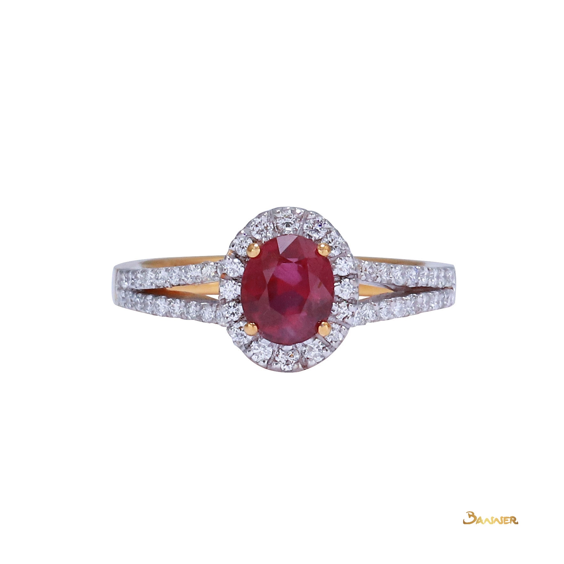 Natural Mogok Ruby and Diamond Halo Split-Shank Ring