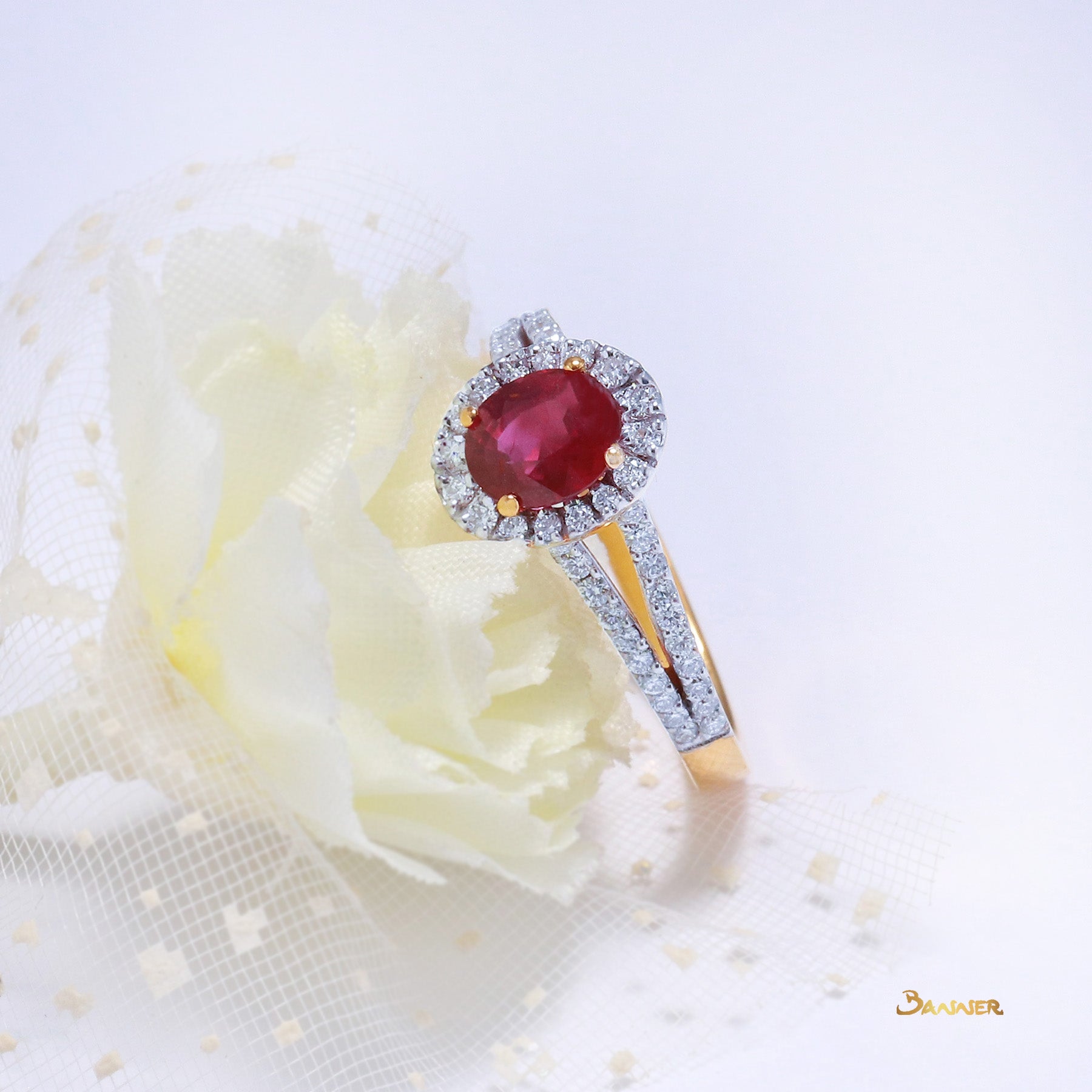 Natural Mogok Ruby and Diamond Halo Split-Shank Ring