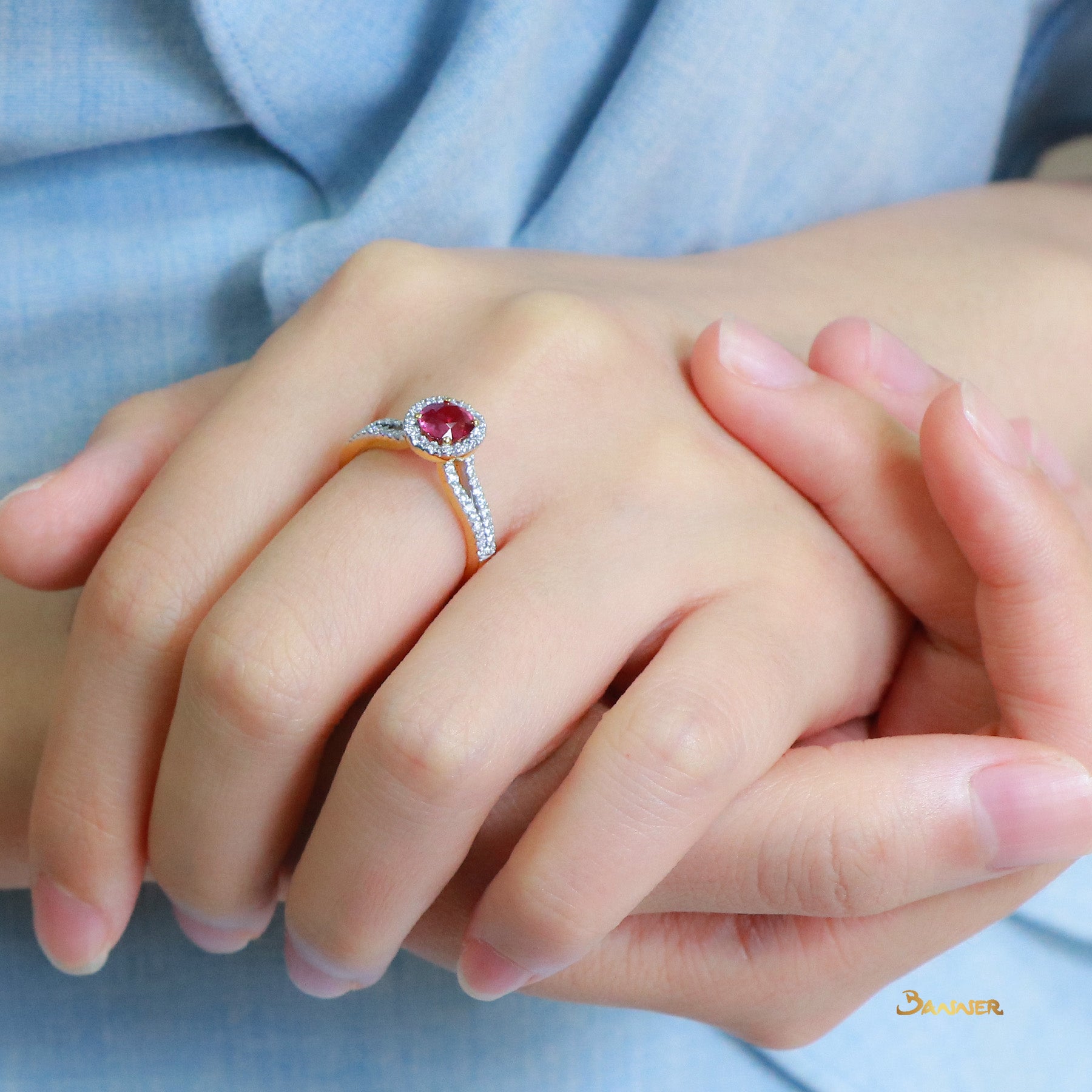 Natural Mogok Ruby and Diamond Halo Split-Shank Ring