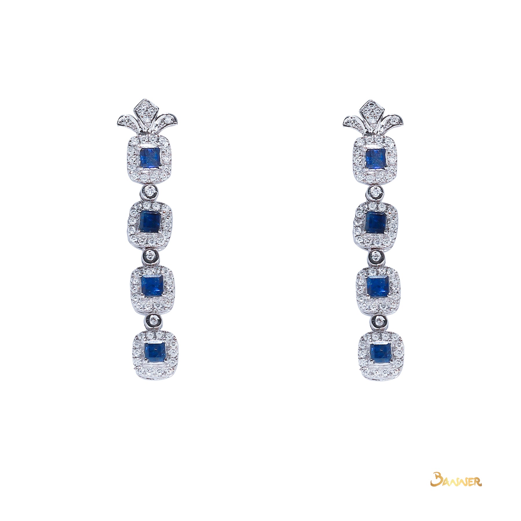 Emerald-cut Sapphire and Diamond 4-Step Dangle Halo Earrings