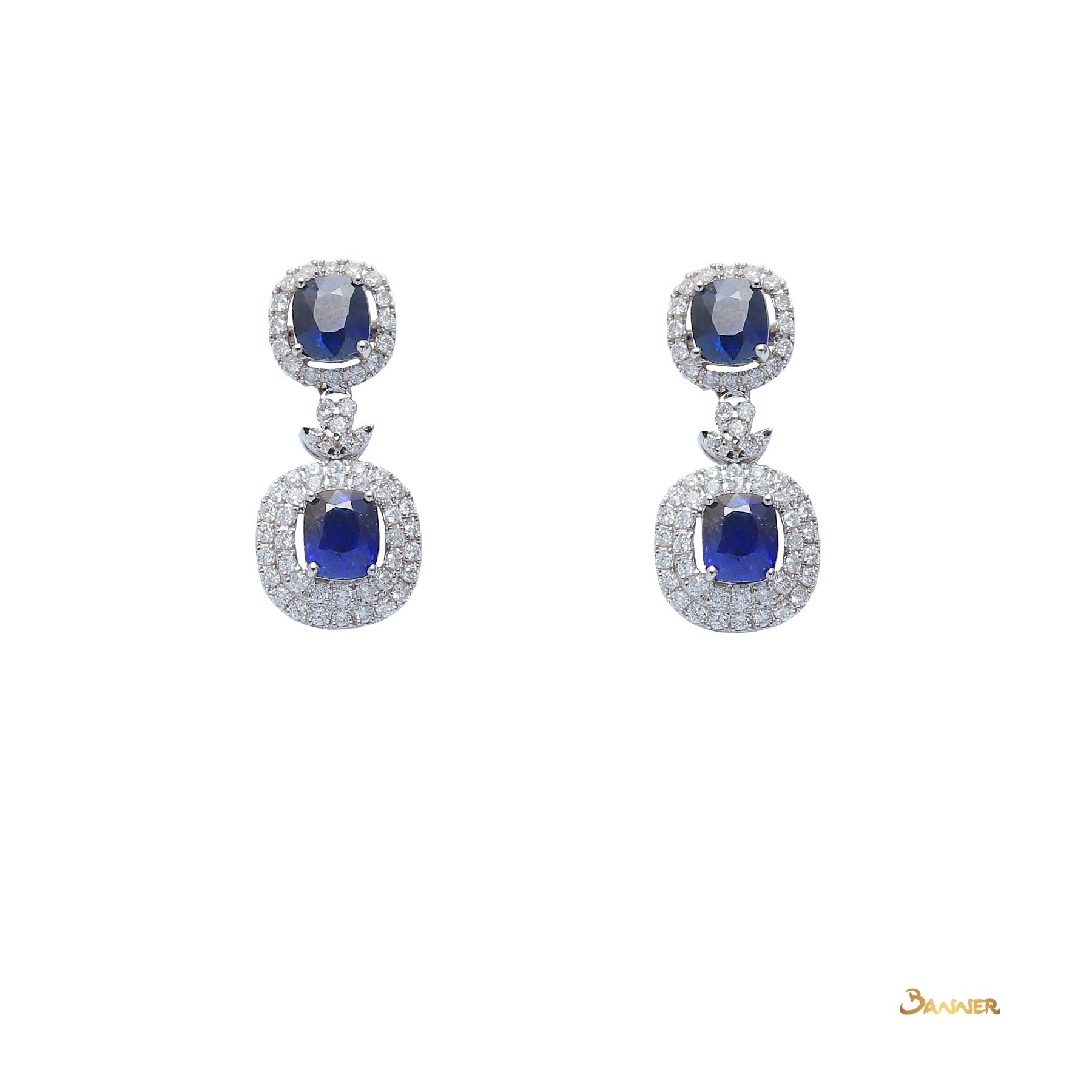 Sapphire and Diamond 2-step Dangle Halo Earrings