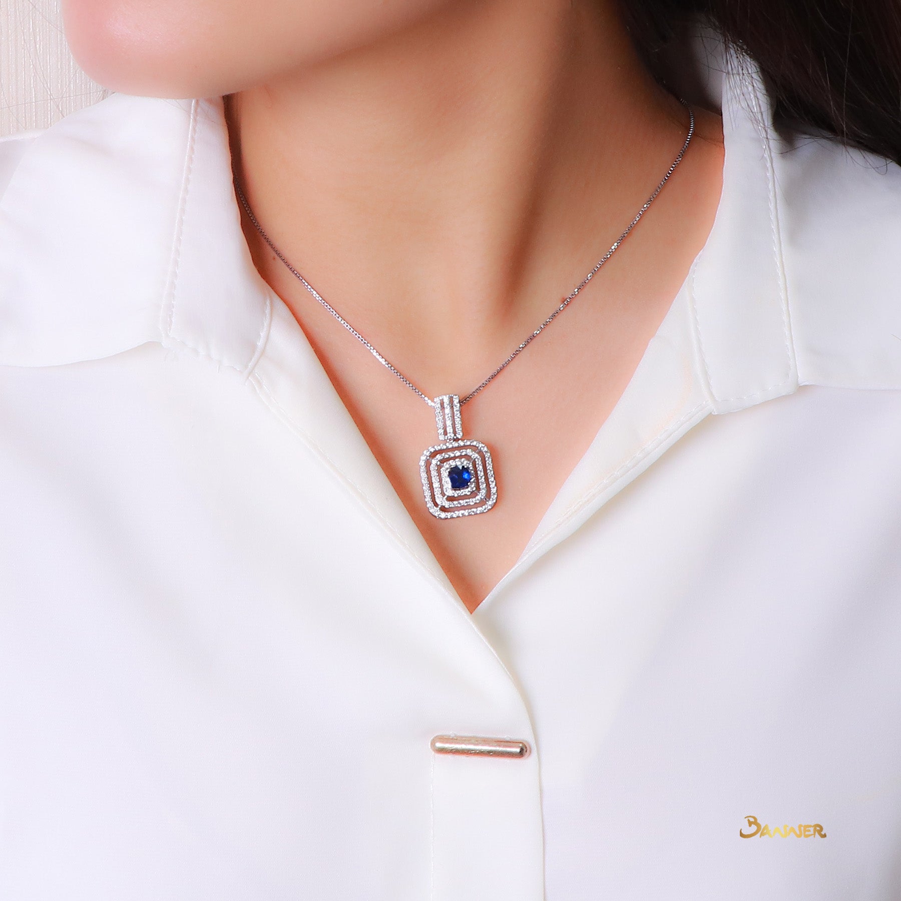 Sapphire and Diamond Triple Halo Pendant