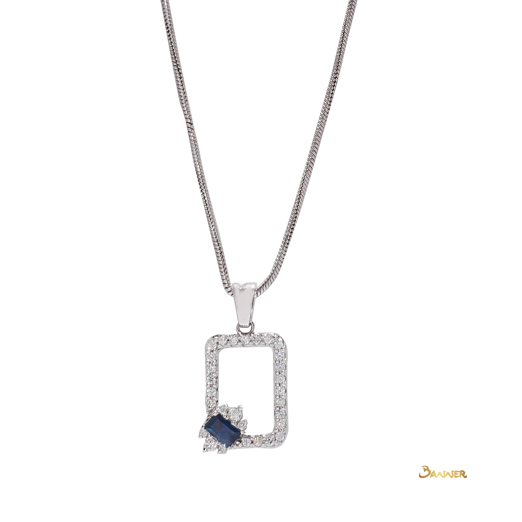 Emerald-cut Sapphire and Diamond Square Shape Pendant