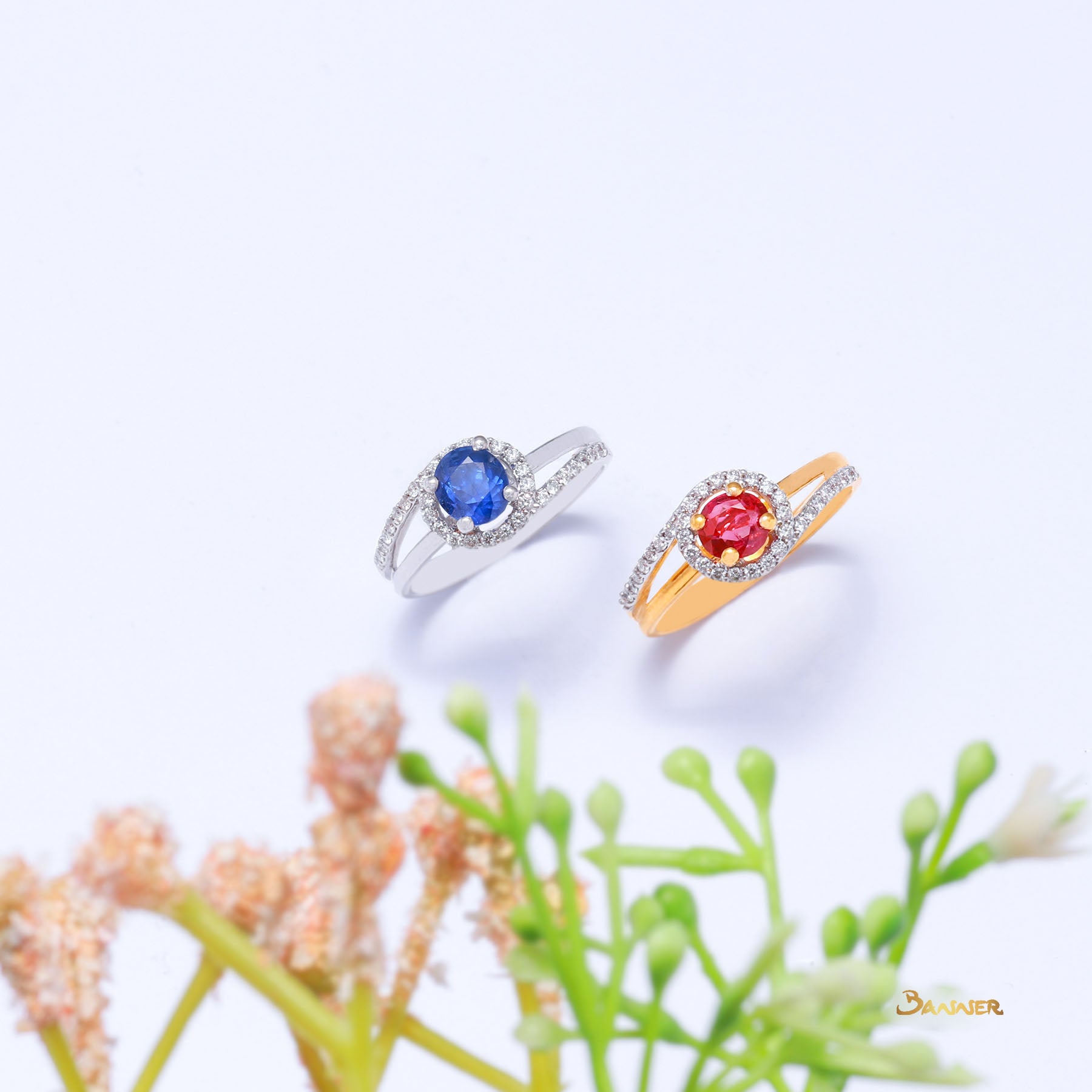 Sapphire and Diamond Bypass Halo Ring