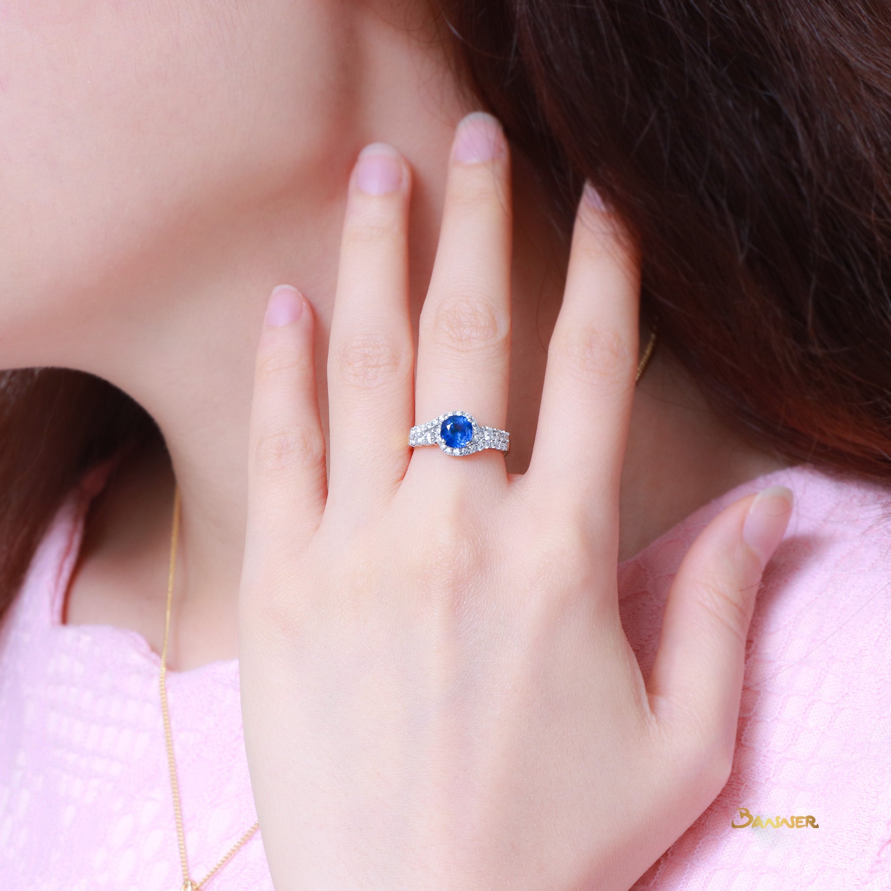 Sapphire and Diamond Bypass Halo Ring