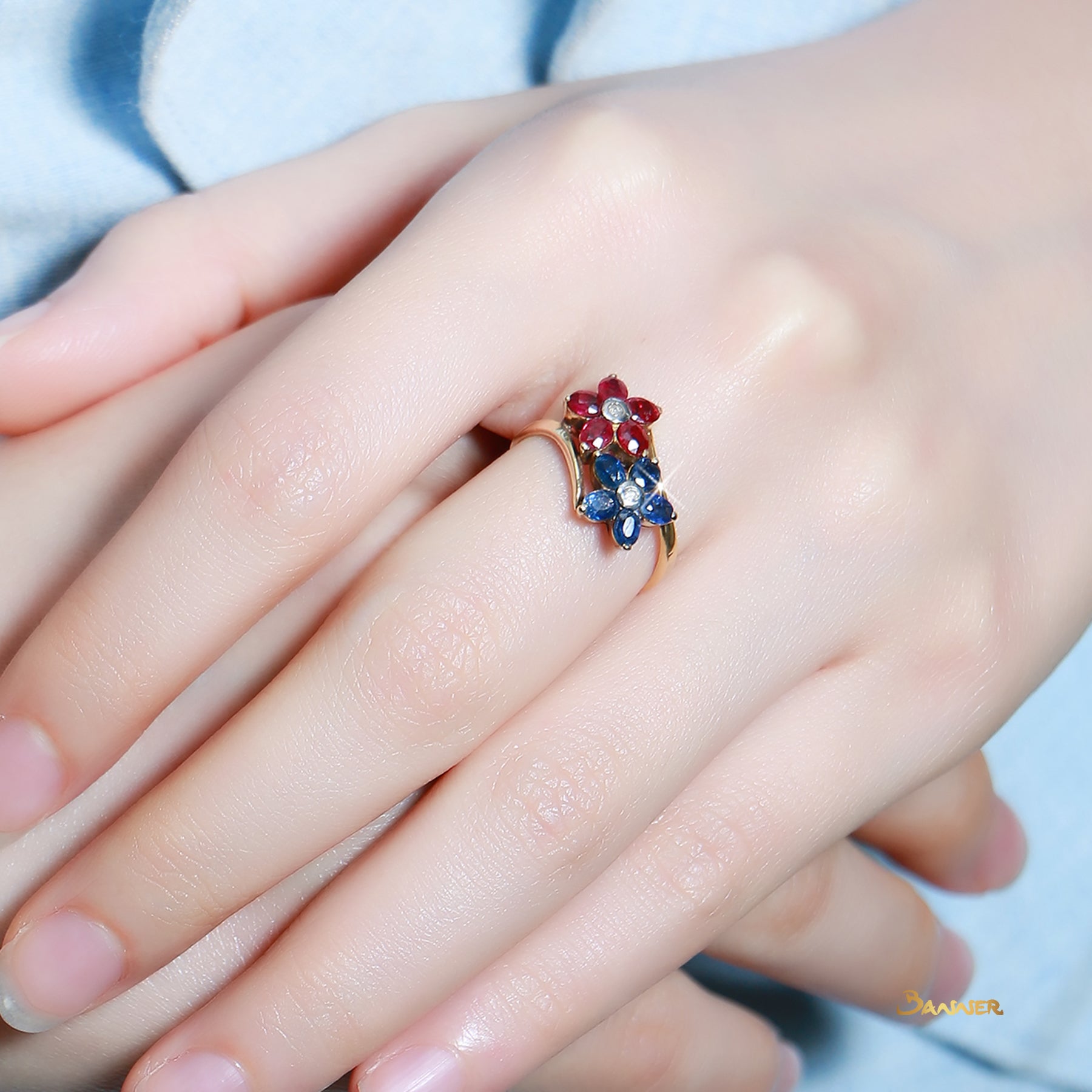 Ruby, Sapphire and Diamond Flower Ring