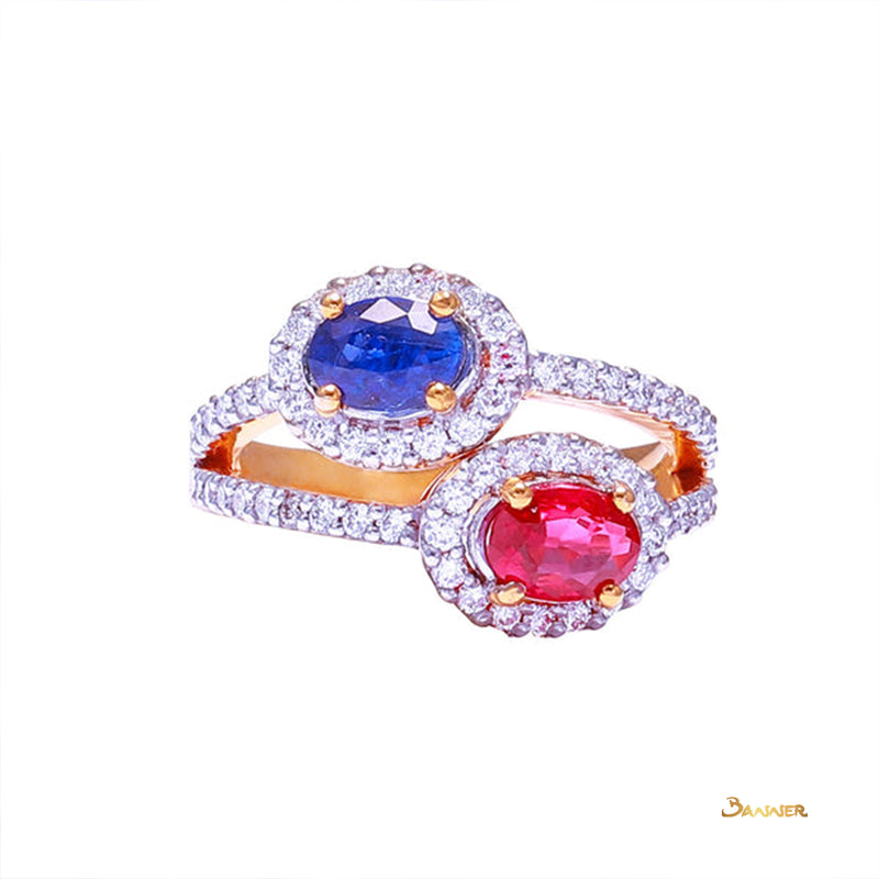 Sapphire, Ruby and Diamond Double Halo Ring