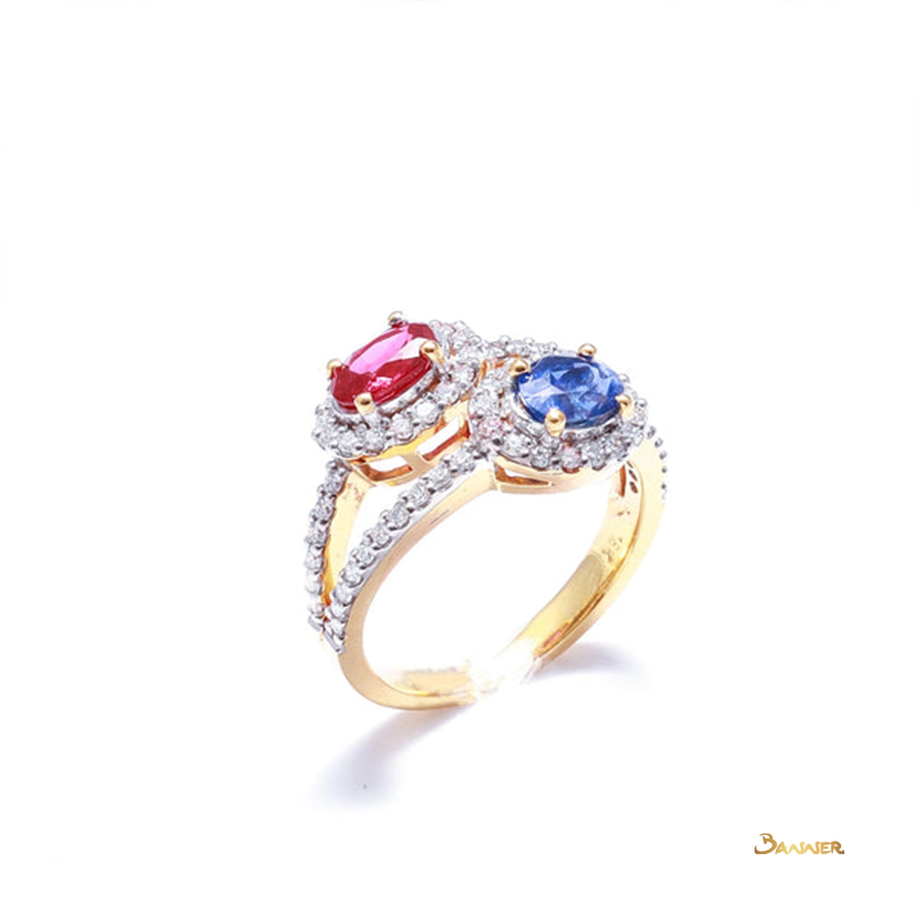 Sapphire, Ruby and Diamond Double Halo Ring