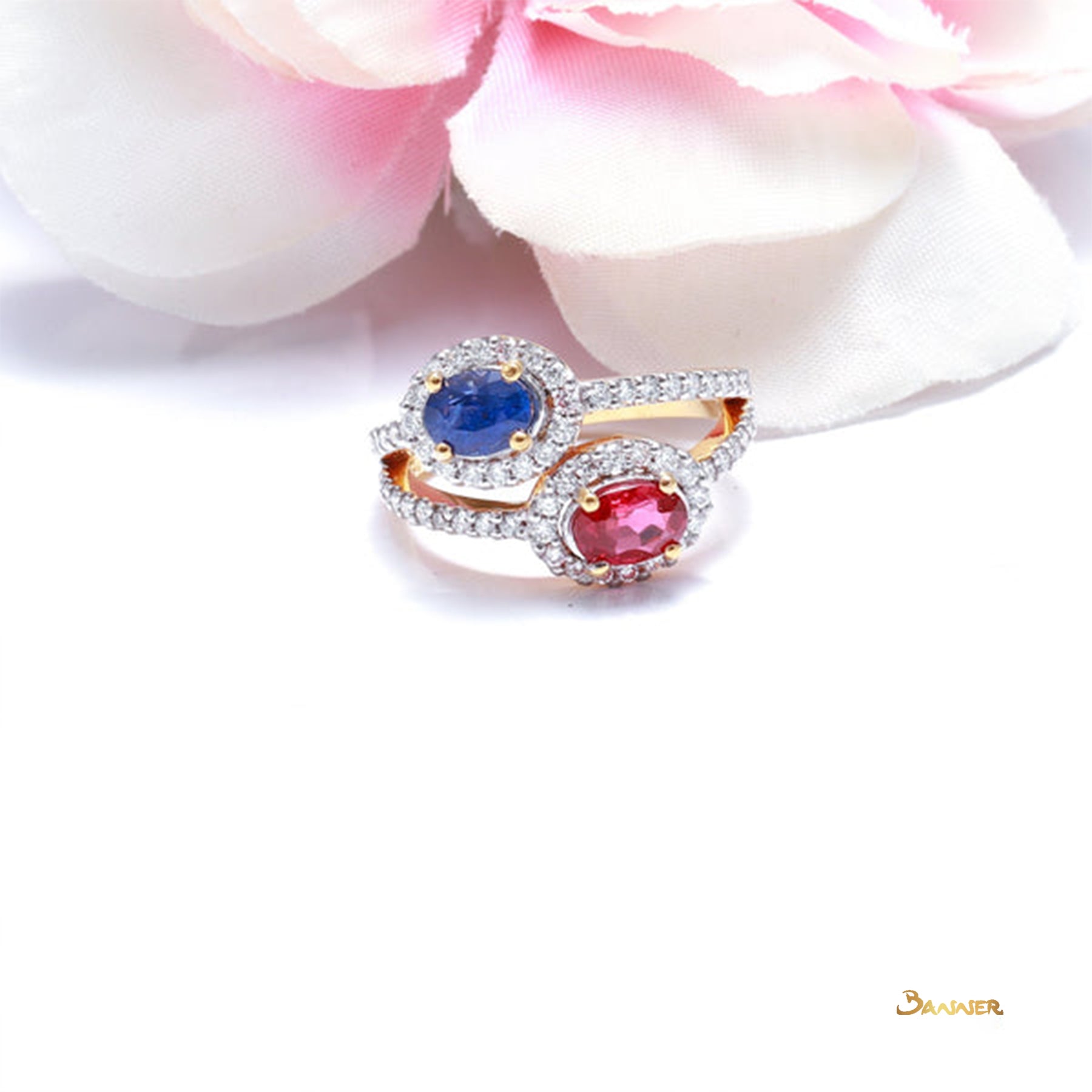 Sapphire, Ruby and Diamond Double Halo Ring