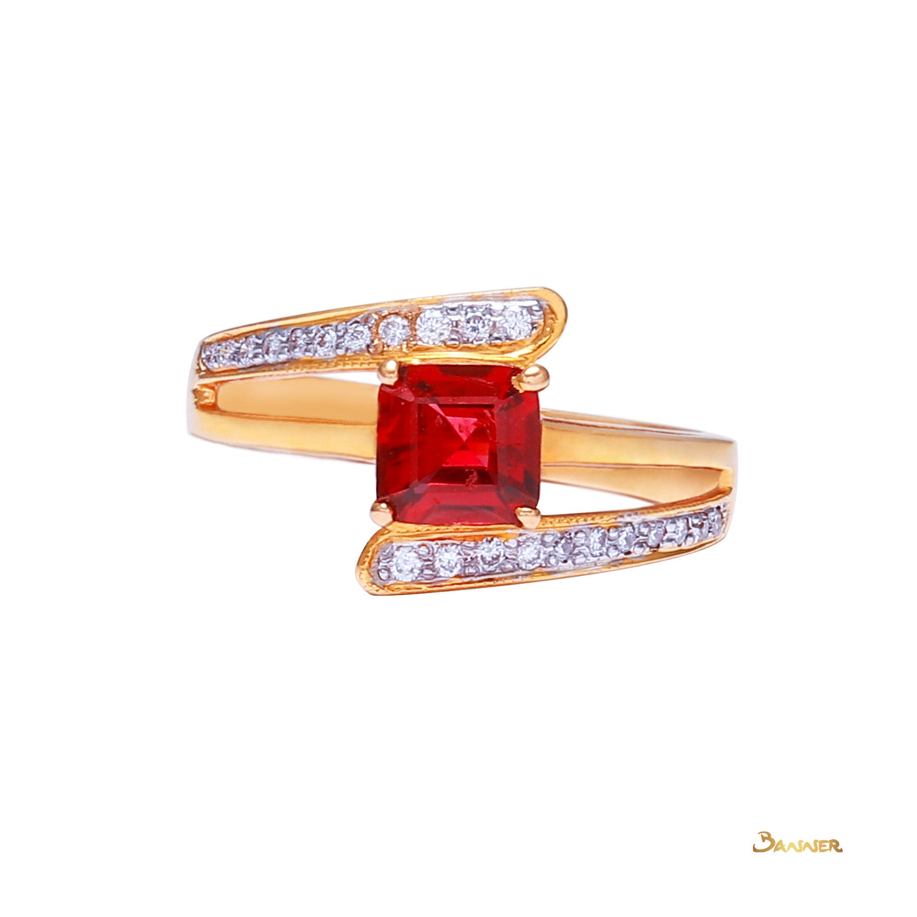 Emerald-cut Spinel and Diamond Bypass Ring