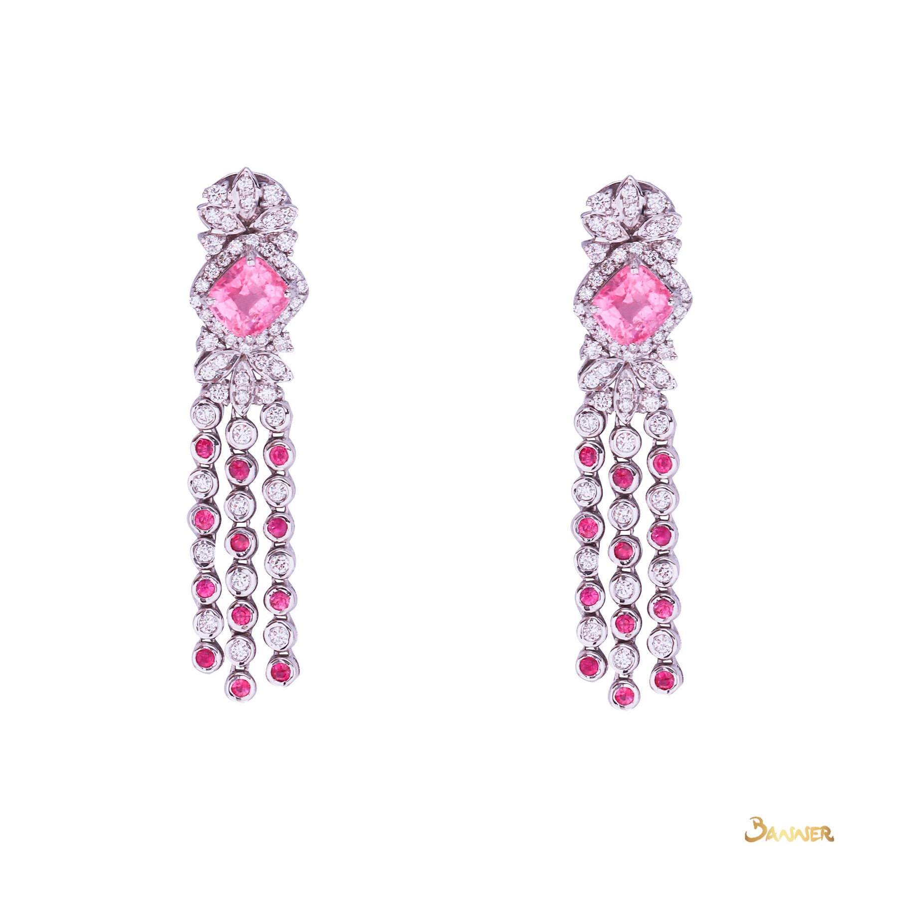 Pink Tourmaline , Pink Sapphire and Diamond Double Halo Dangling Earrings