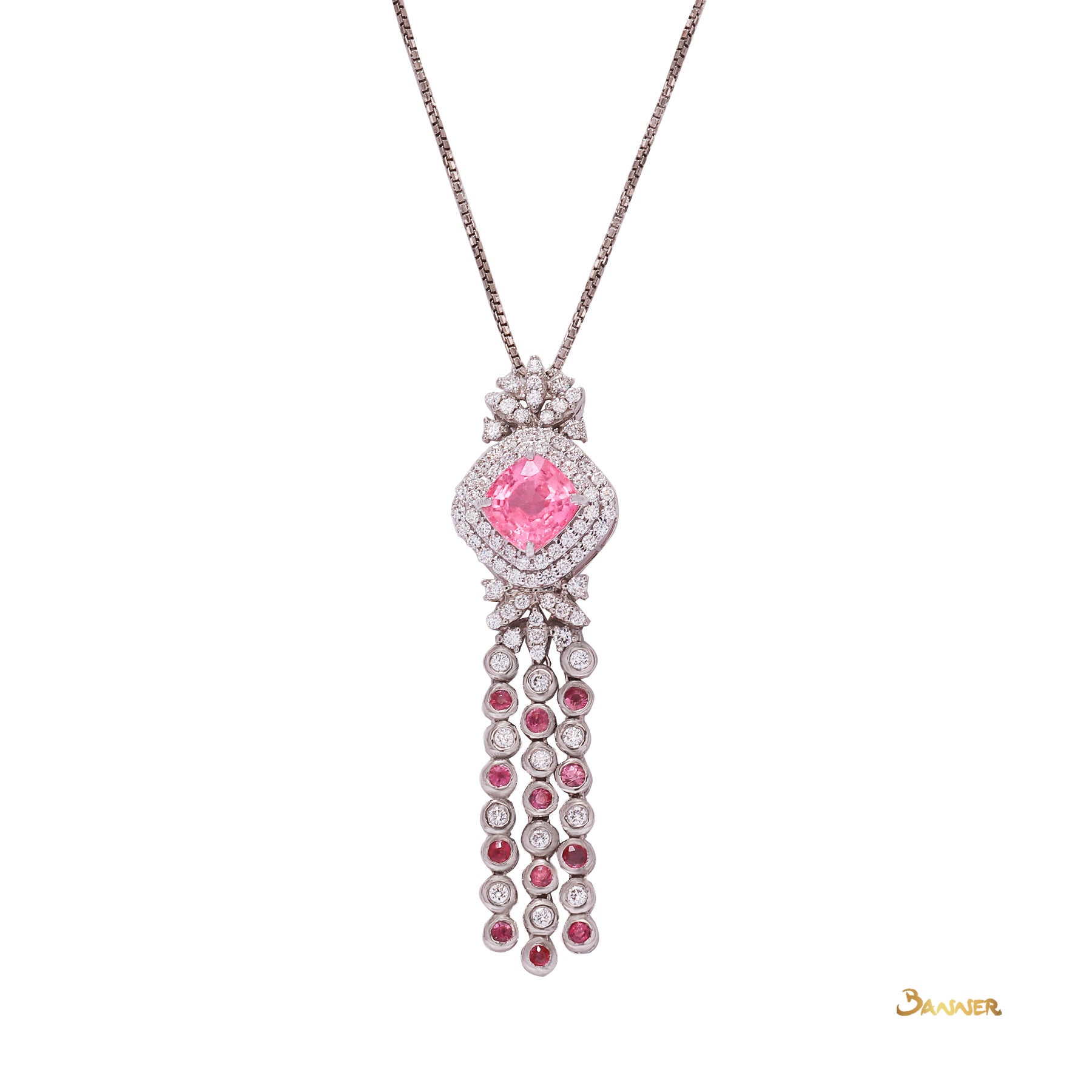 Pink Tourmaline , Pink Sapphire and Diamond Double Halo Dangling Pendant