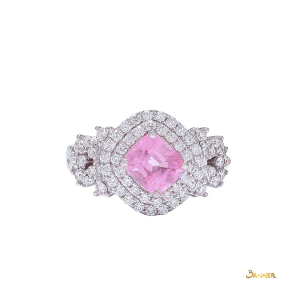 Pink Tourmaline and Diamond Double Halo Ring