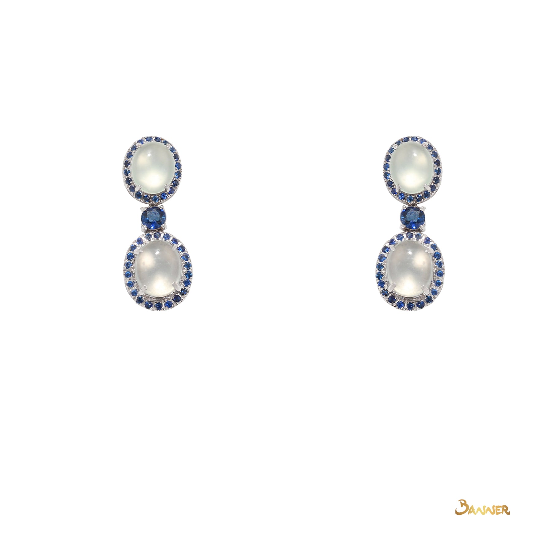 White Jade and Sapphire 2-step Dangle Halo Earrings