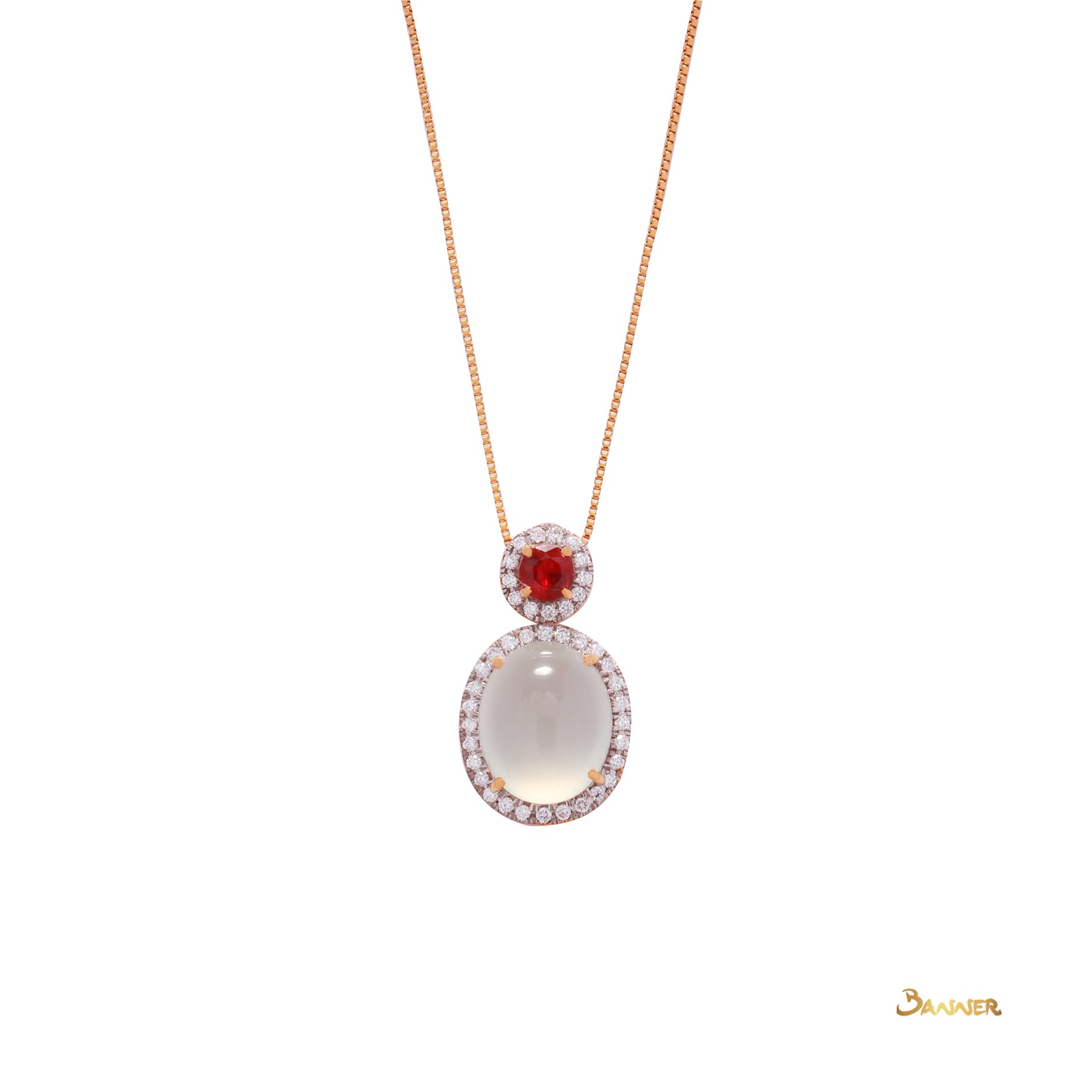 White Jade , Ruby and Diamond Halo Pendant