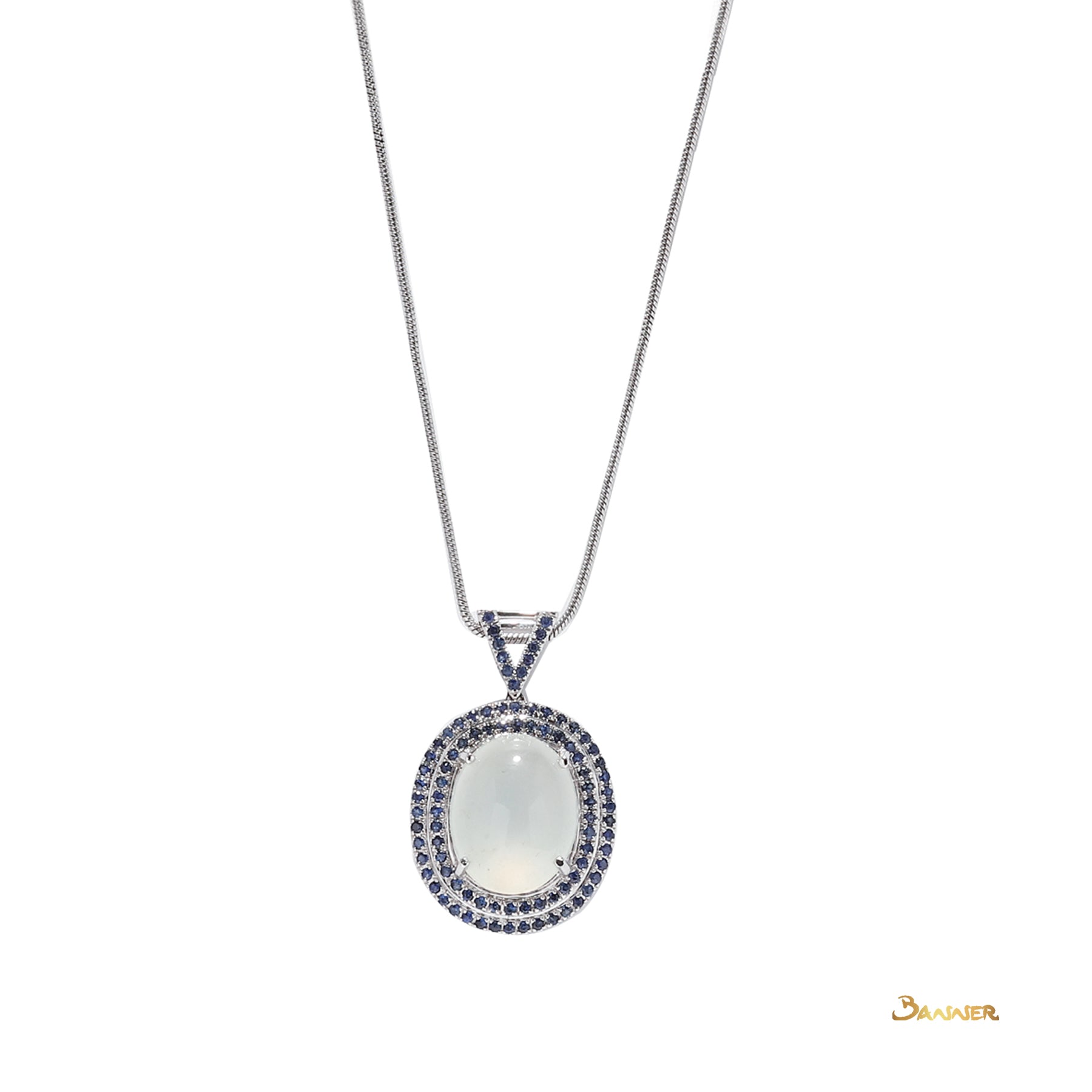 White Jade and Sapphire Double Halo Pendant