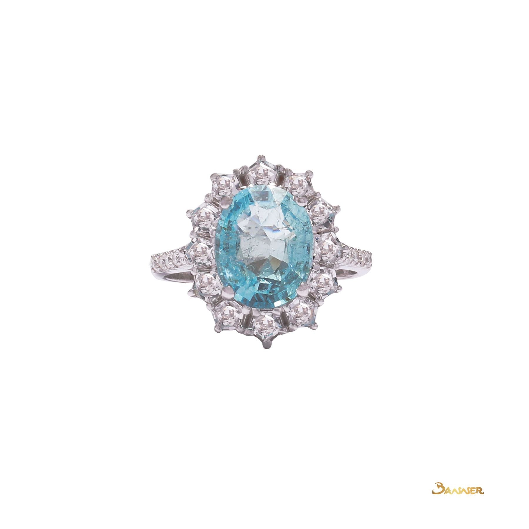 Aquamarine, White Topaz and Diamond Halo Ring