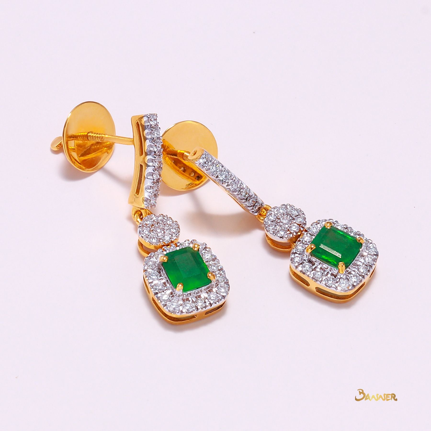 Emerald Emerald Cut and Diamond Halo Dangle Earrings